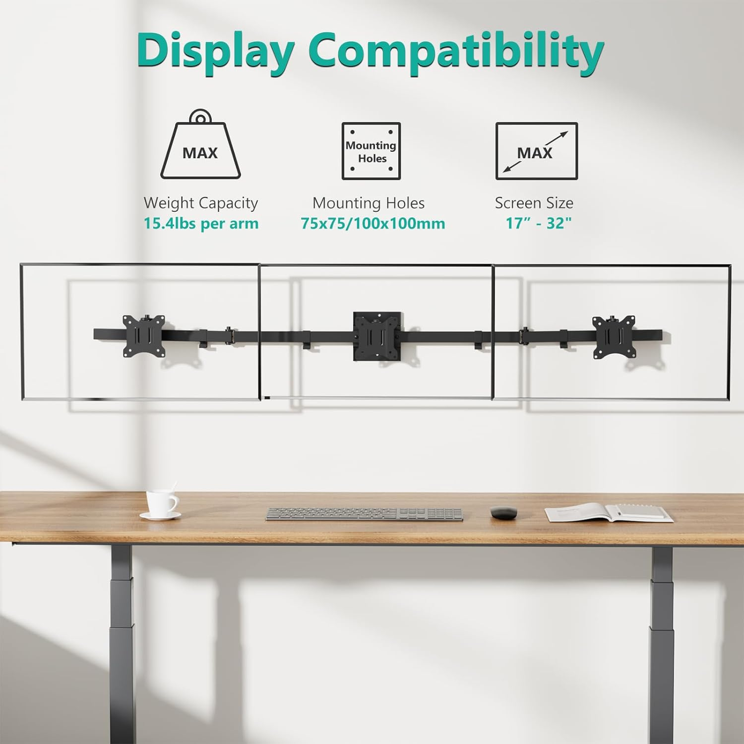 WALI Triple Monitor Wall Mount for 17 to 32 Inch, Computer Monitor Arm for 3 Screens, Swivel Tilt Wall Mount with Mounting Holes 75X75/100X100Mm, per Arm Holds up to 15.4Lbs (013ARM), Black image number 4