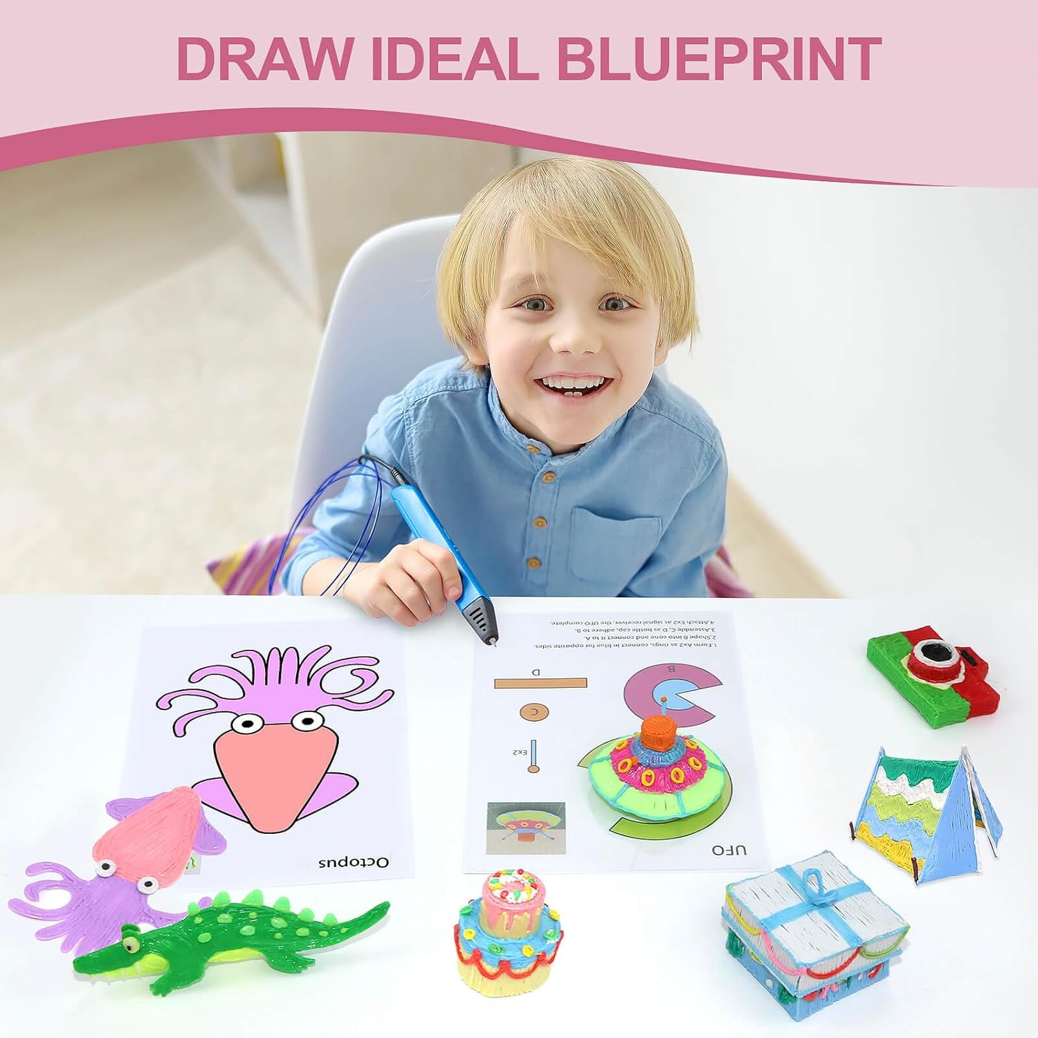 Dayker 3D Printing Pen Drawing Book, 40 Patterns Colorful Painting Graffiti Template, Thick Paper Stencils with a PVC Transparent Board for Birthday Christmas DIY Craft Gift