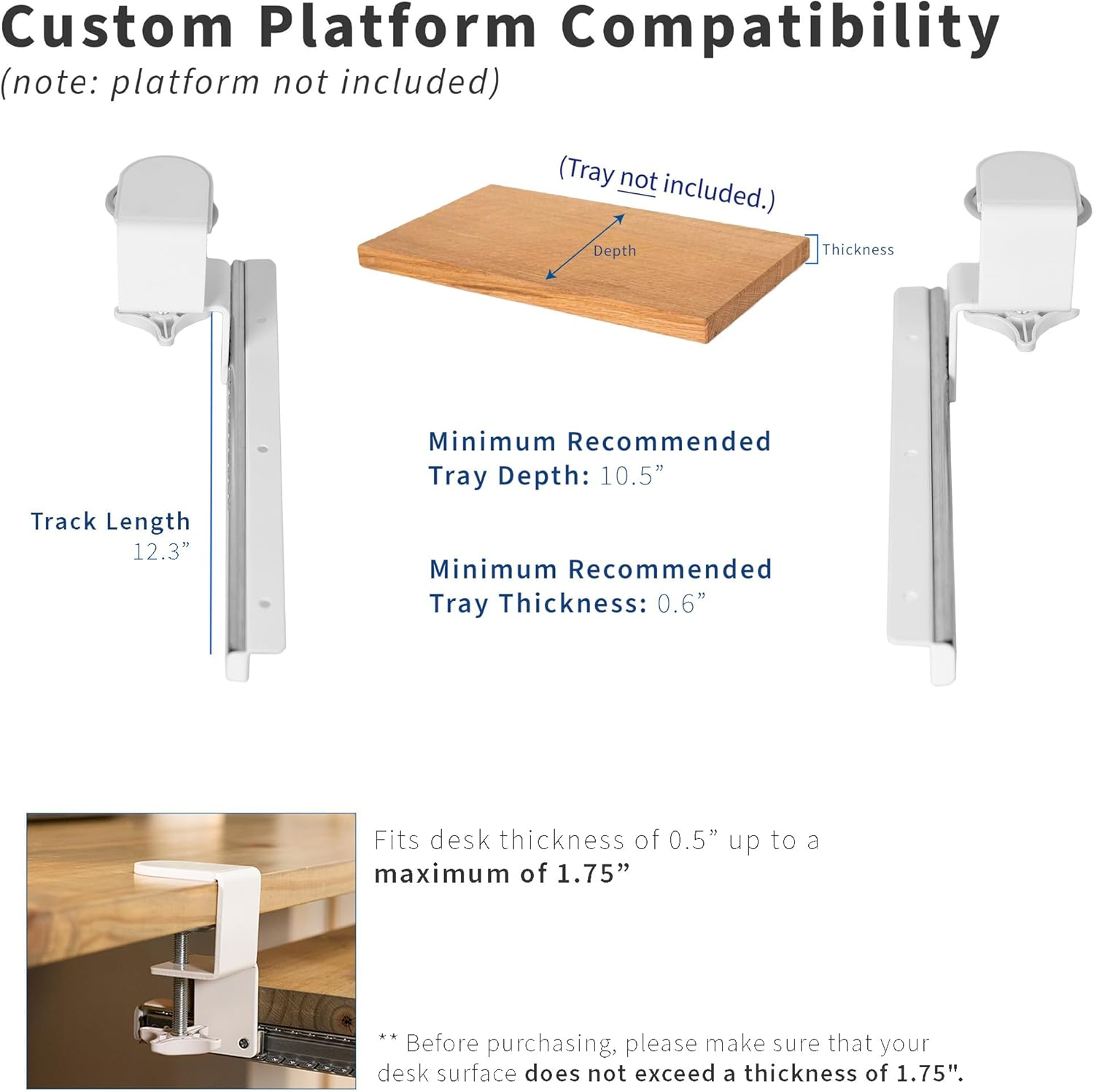 VIVO Clamp and 12 Inch Rail Set for DIY Custom Wooden Keyboard Trays (Tray Not Included), under Desk Pull Out Slider Track with Extra Sturdy C-Clamp Mount System, White, MOUNT-RAIL02W - White image number 2