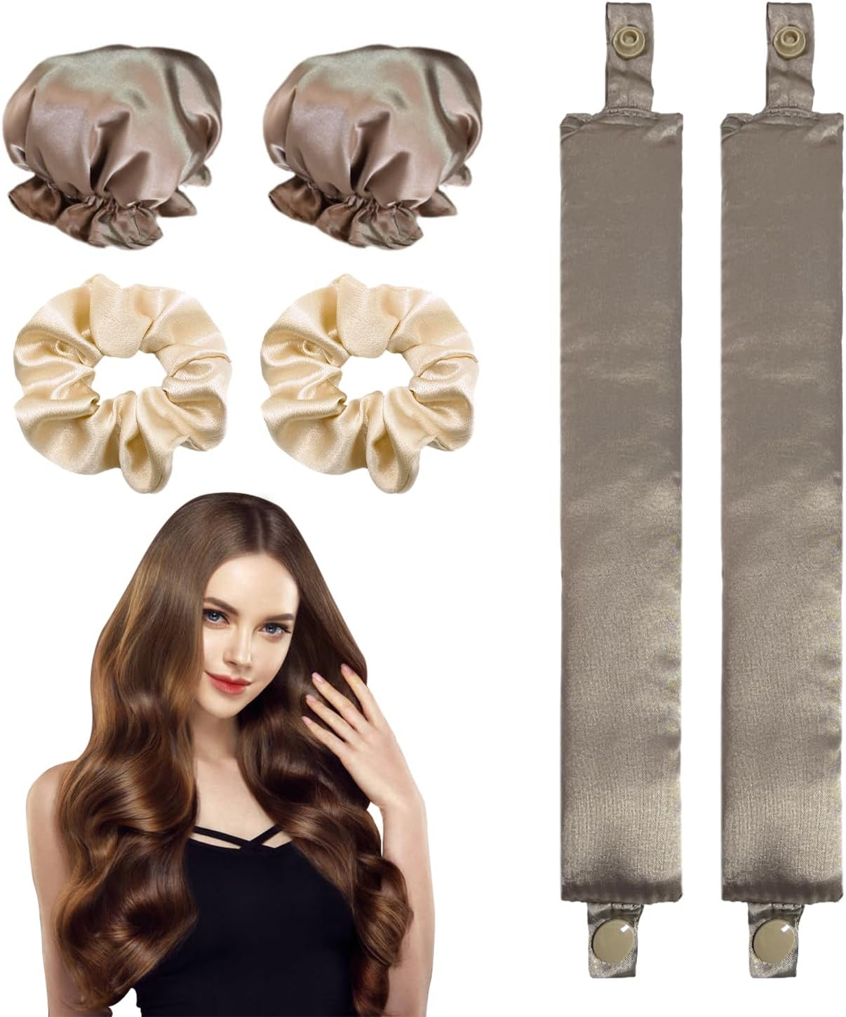 2 Sets Heat Free Curling Irons with 2 Pieces Satin Hair Ties, DIY Styling Tools, Satin Curling Iron Headband, Adjustable Curling Iron Cover Set, Lazy Curling Set (Champagne Color) image number 1