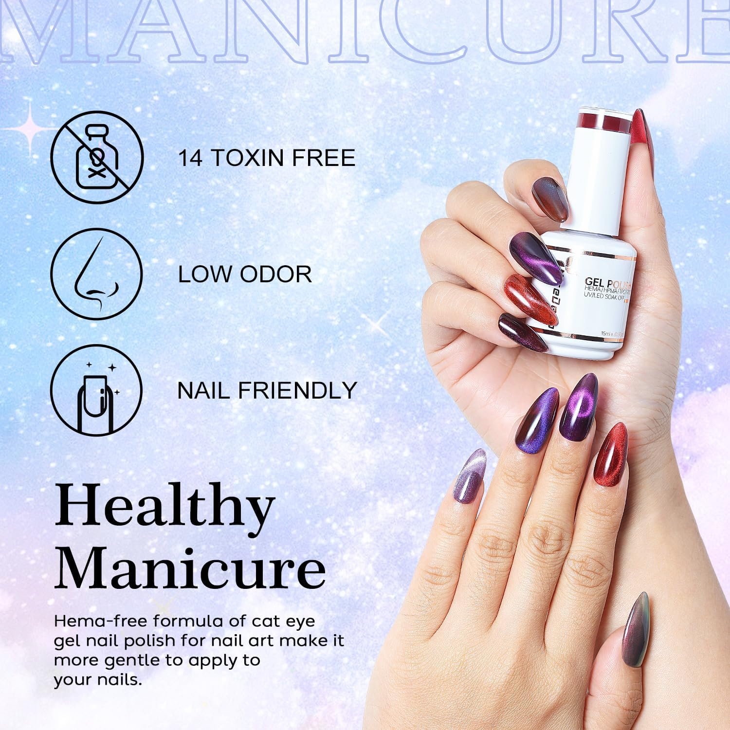 Nicedeco Hema Free Cruelty Free Vegan Cat Eye Gel Nail Polish, High Gloss Long Lasting Soak off LED U V Gel Polish 1 Pcs 15Ml - 305 image number 2