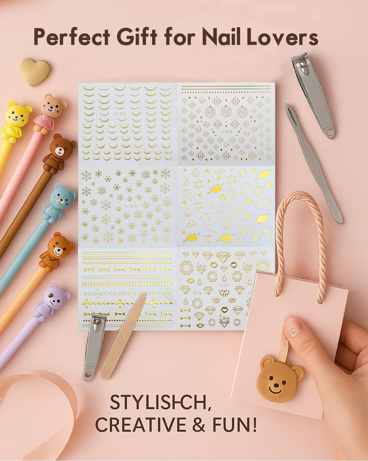 60 Sheets Gold Silver Nail Art Stickers, Star Moon Nail Decals Decor 3D Self Adhesive Geometric Stripe Wave Heart Stamp English Letter Nail Art Design Accessories for Women Girls image number 1