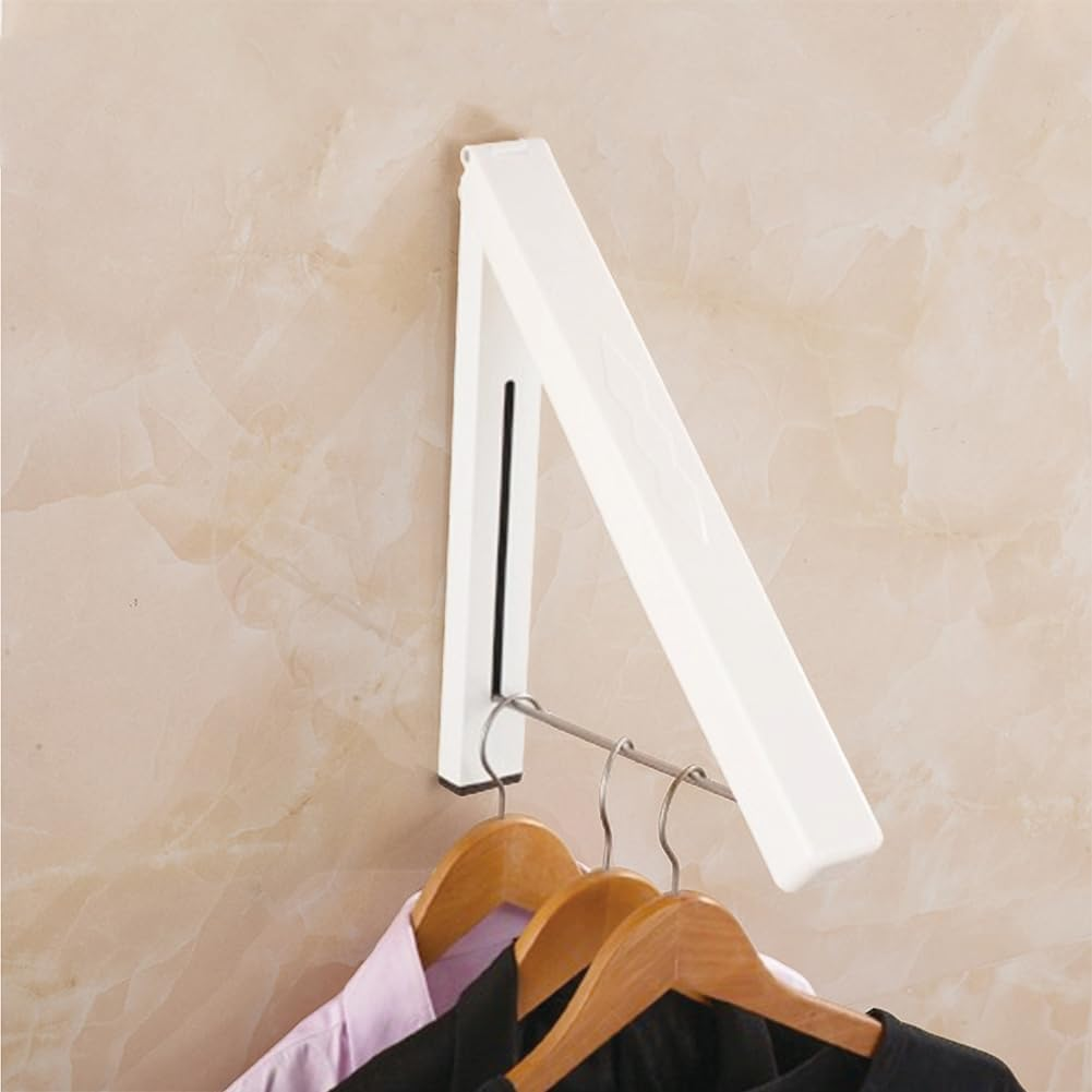 Lwuey Triangle Wall Mounted Clothes Hanger, Single Foldable Clothing Rack Triangles Retractable Cloth Drying Racks Hanging Dryer Rod Aluminum Alloy for Laundry Room Closet Storage Organization White