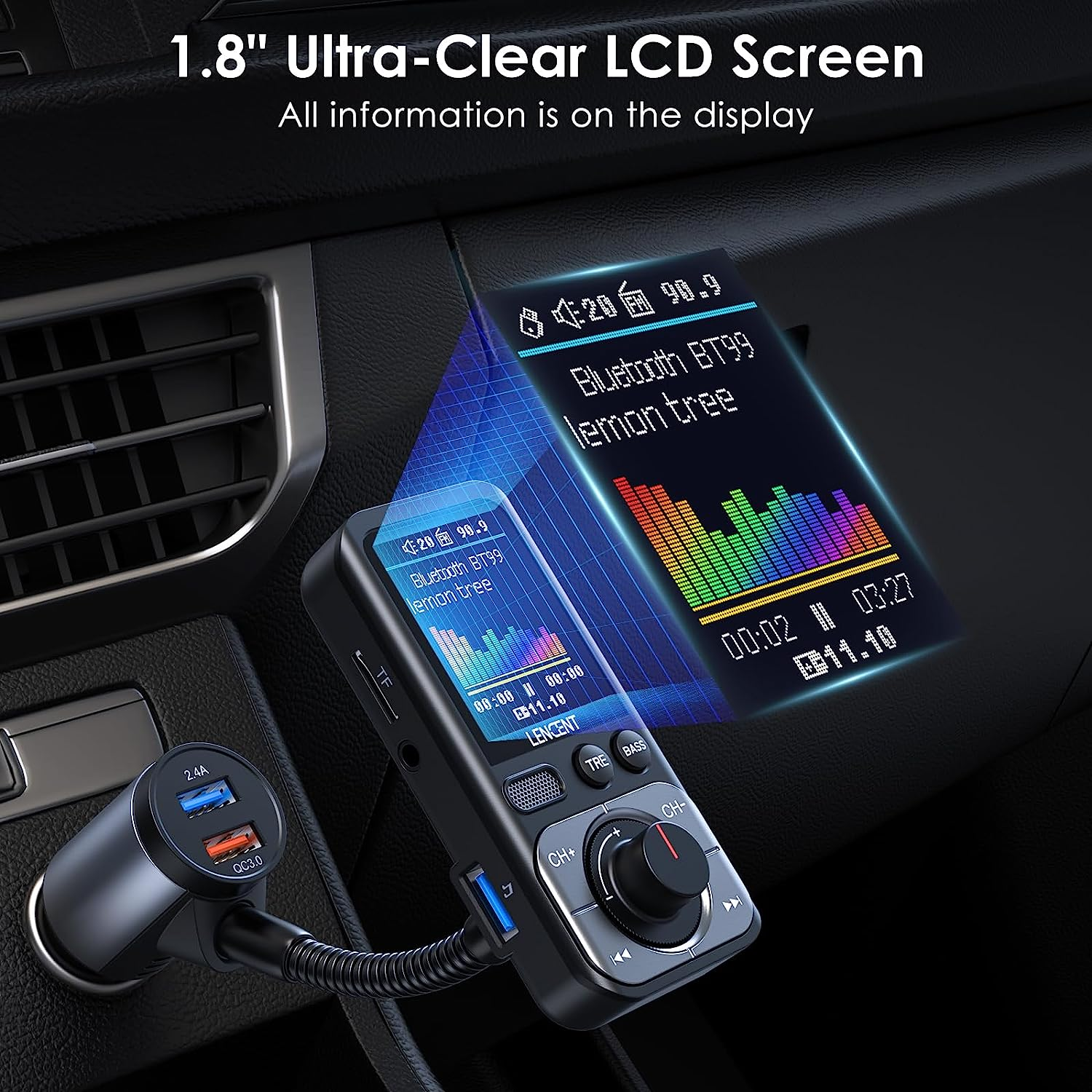 LENCENT Bluetooth 5.0 FM Transmitter with Big Color Screen, Hifi Music Treble&Bass Booster, QC3.0 Fast Charger, AUX Car Radio Adapter, Wireless Microphone Support Hands-Free Siri TF Card image number 1