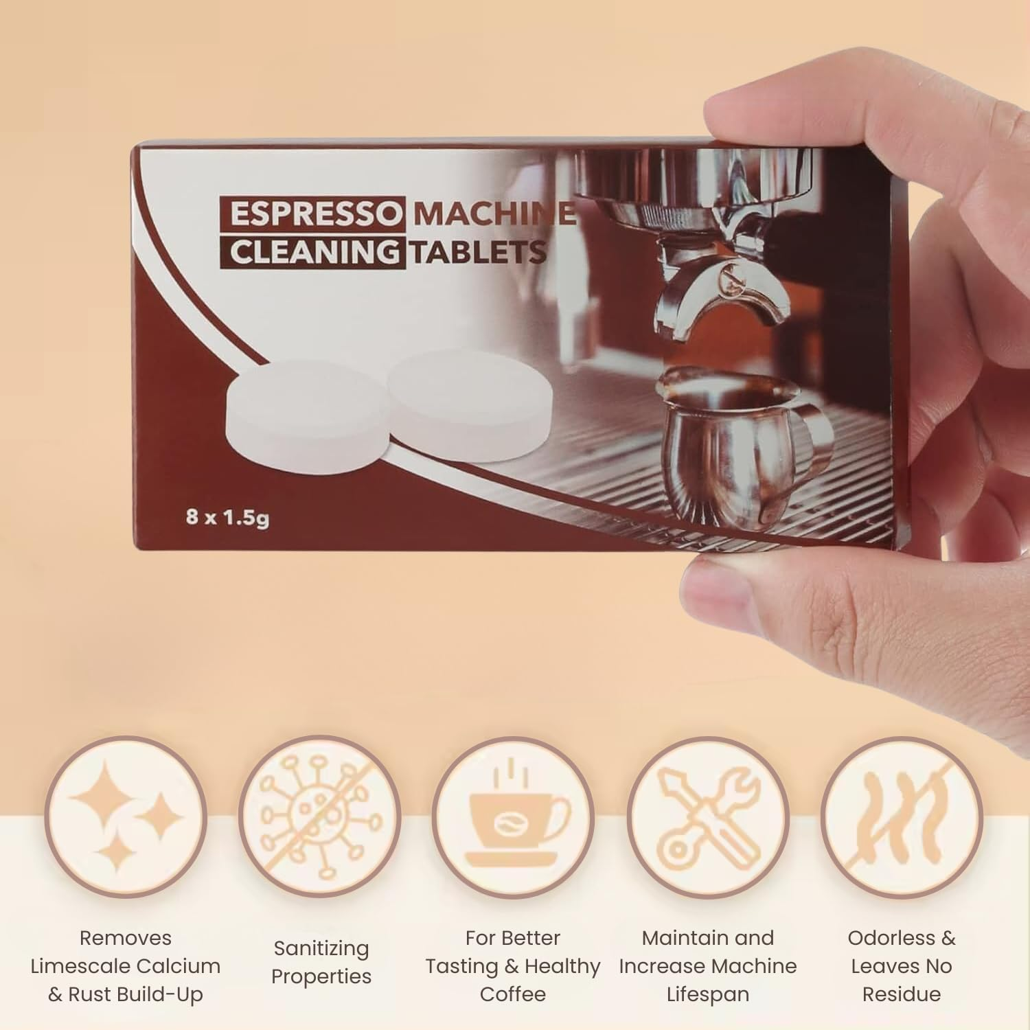 Espresso Coffee Machine Cleaning Tablets, 1.5G Descaler & Cleaner Tablet Eliminates Coffee Residue, Regular Cleaning Cino Cleano for Perfect Brews Compatible with Breville Delonghi Jura (2 X 8 Tabs)