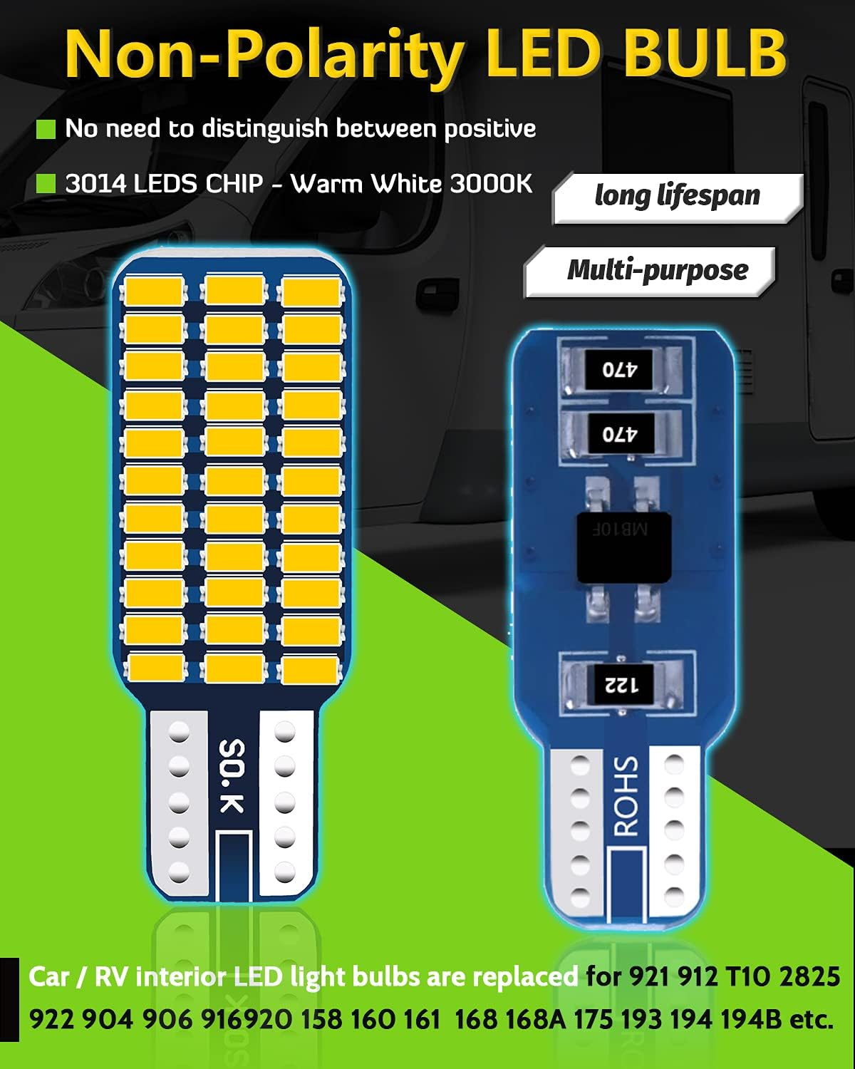 UNXMRFF - Super Bright Natural Warm White T10 921 922 912 LED Bulb for 12V RV Ceiling Dome Light/Rv Interior Lighting/Travel Trailer/Camper/Boat (Pack of 10)