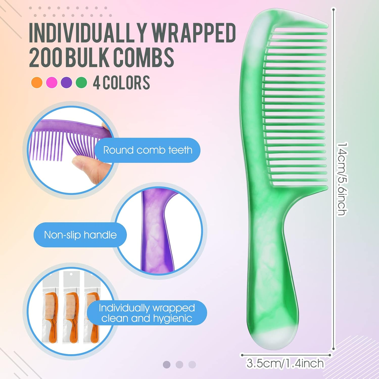 200 Pcs Individually Wrapped Hair Combs Disposable Hair Combs Set Colorful Hair Combs Bulk for Hotel Shelter Homeless Nursing Home Charity Church, 4 Styles image number 2