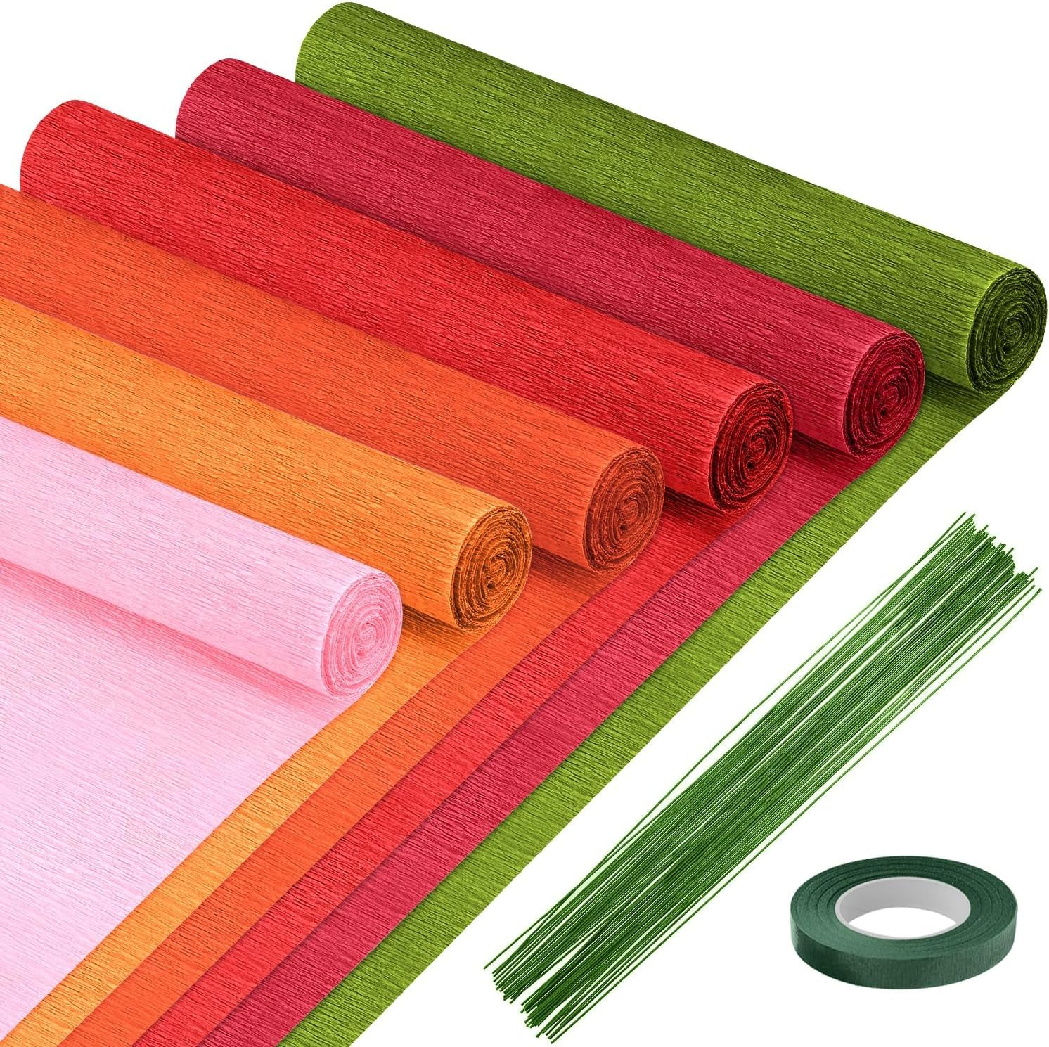 Crepe Paper - 6 Rolls, Red, 10 Inch Wide, Streamers, Flower Making Kits, Green Floral Tape and Floral Stem Wire for Wedding, Festival, Party, DIY Flower Crafts image number 6