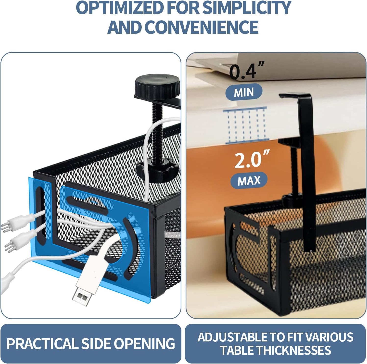 Under Desk Cable Management Tray No Drill, Metal Mesh with Clamp Mount, 2 Hole Wire and Cord Organizer for Home Office Standing Desk, Black image number 4