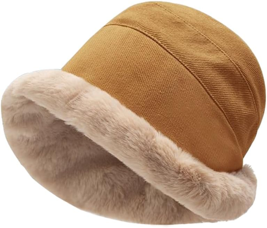 Plush Fuzzy Bucket Hat for Women Warm Fluffy Faux Fur Fisherman Cap Winter Ski Outdoor Windproof Warm Fleece Lining Hat