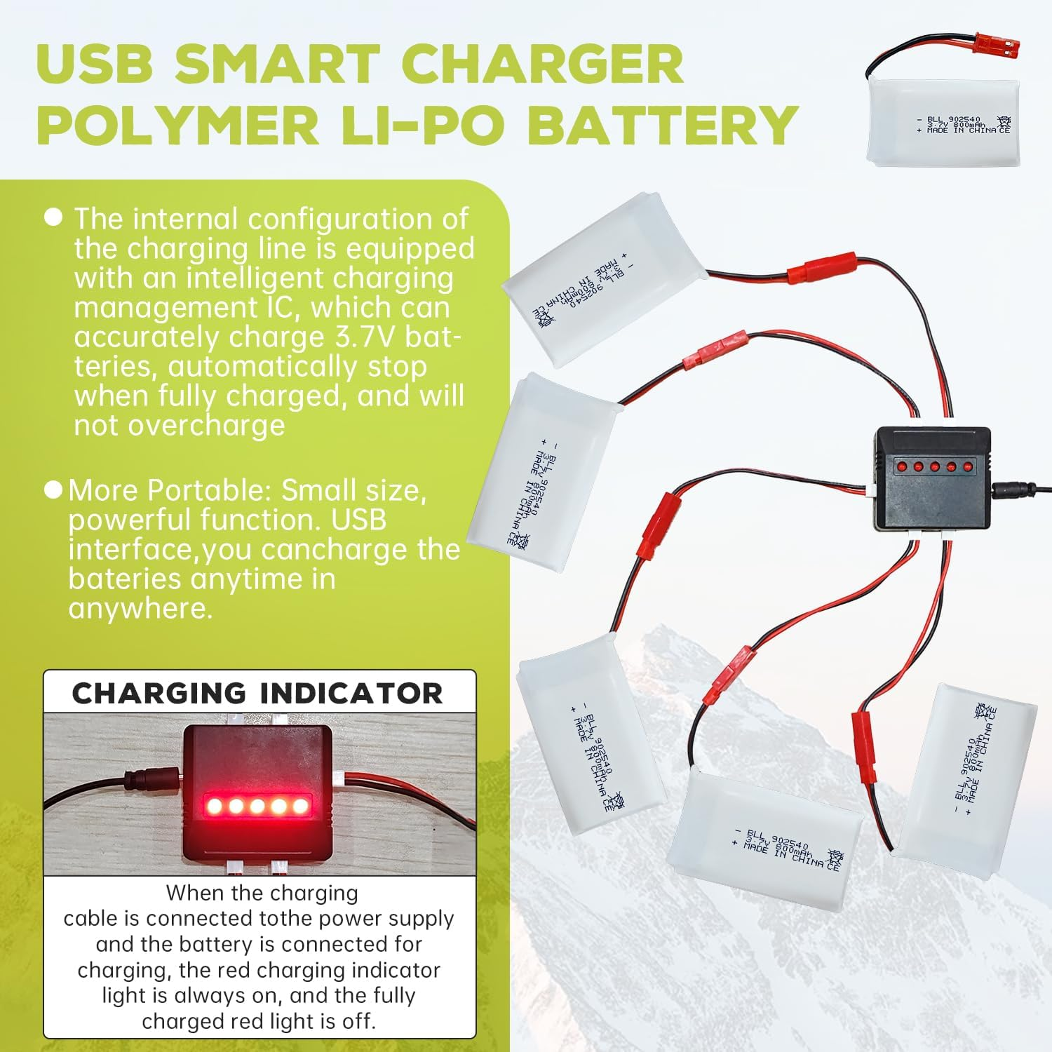 5PCS 3.7V 800Mah Lipo Battery Remote Control Drone Battery with 5In1 Charger JST Plug Suitable for SYMA X56W MJX X400W X300C X800 HS110 HS200 S670 V950Hd S1750 V2450 RC Quadcopter Battery image number 6
