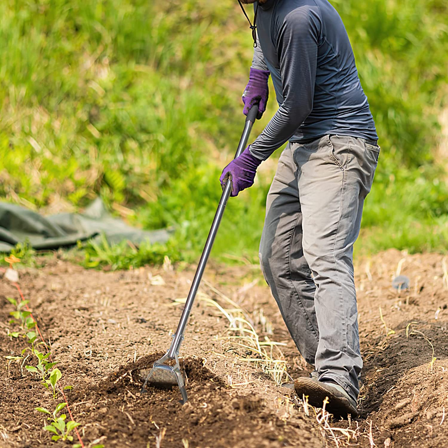 BARAYSTUS Garden Hoe for Weeding Long Handle Hula Hoe Stirrup Hoe Garden Tool Stainless Steel Poles Adjustable Long Handle Weeding Hoe, 55.9 INCH image number 2