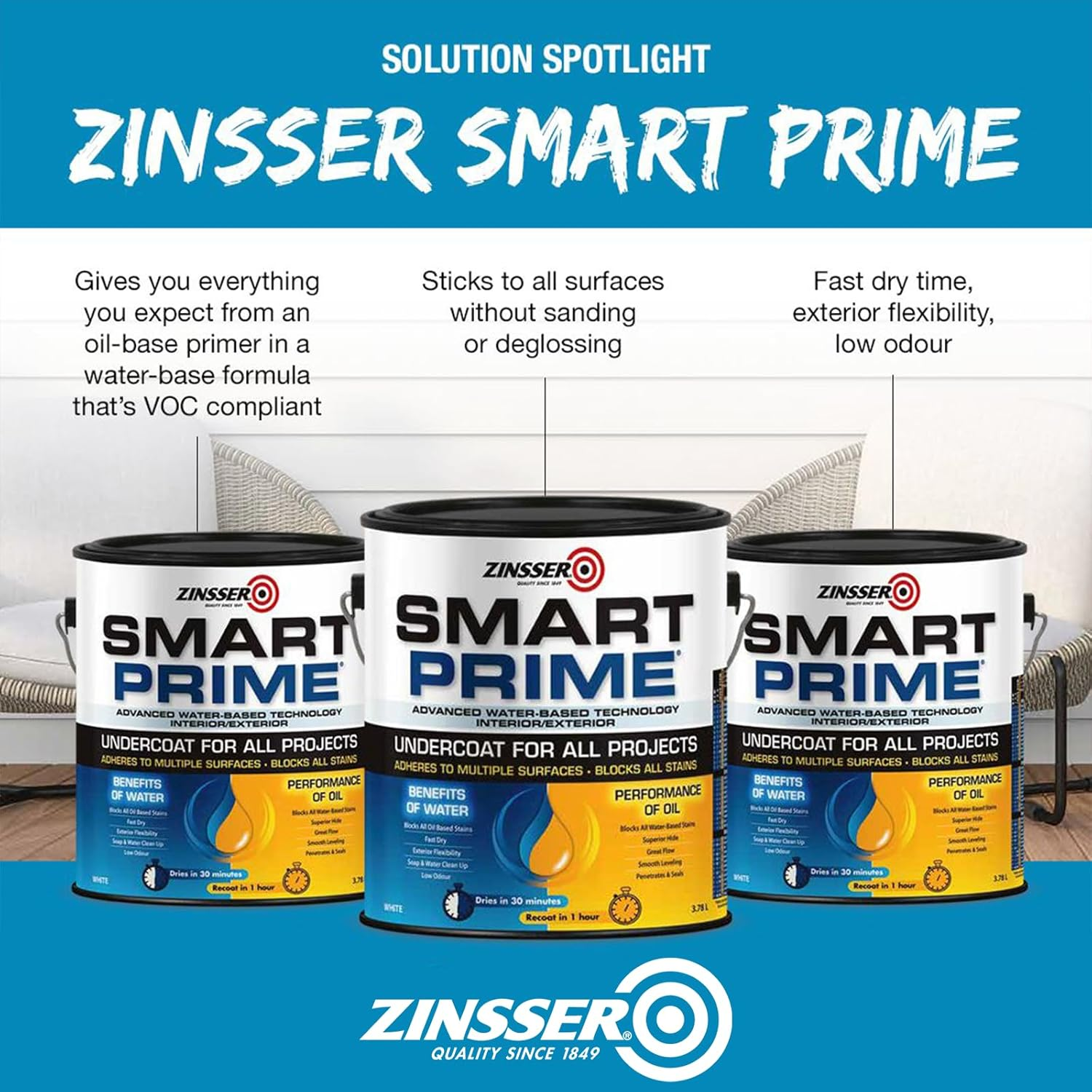Zinsser Smart Prime Interior & Exterior Primer | Low VOC, Water-Based, Oil-Like Performance | Stain Blocking, Mould Resistant | Ideal for Walls, Trim, Ceilings, and More, White, 1 Litre image number 1