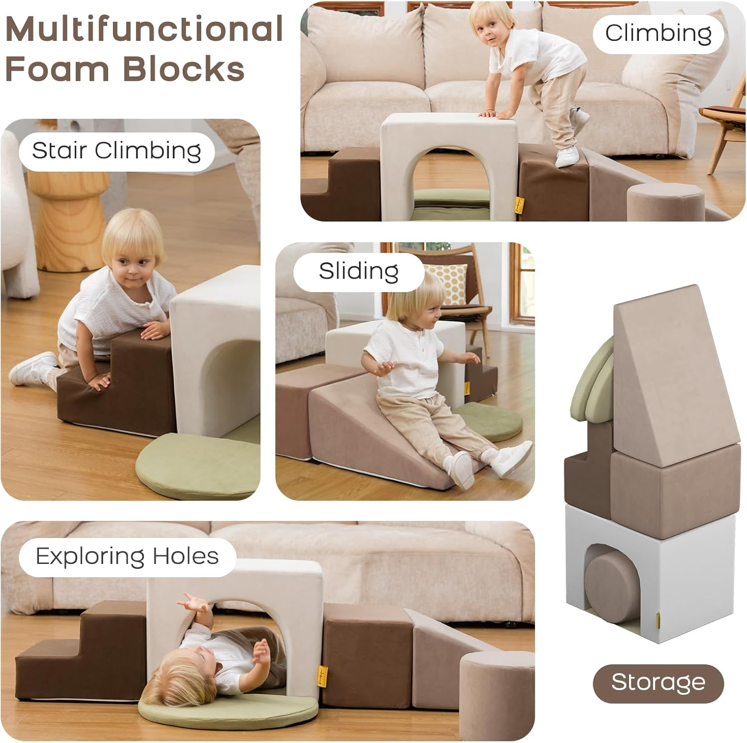 Banasuper Kids Climbing Foam Blocks Playset - 7 Piece Toddler Climbing Toys, Indoor Gross Motor Development Montessori Gross Motor Toy for Babies & Toddlers (Grey) image number 1