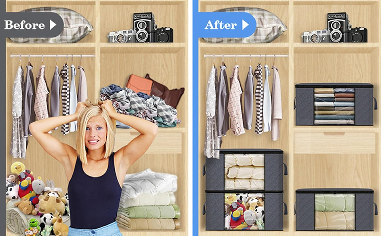 Evangrinzia 6 Pack Clothes Storage, Foldable Thick Fabric Blanket Storage Bags, Containers for Organizing Bedroom, Closet, Clothing, Comforter,Closet Organization with Handle (Grey,60L) image number 4