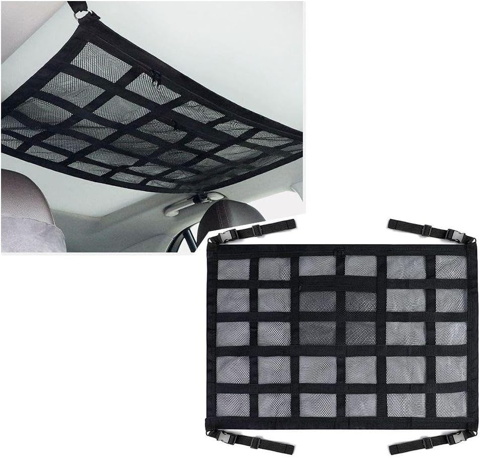 Car Ceiling Cargo Net Pocket, 78Cm&times;53Cm Strengthen Load-Bearing and Droop Less Mesh Organizer, Double-Layer Adjustable Buckle Roof Cargo Net for Long Travel Road Trip image number 2