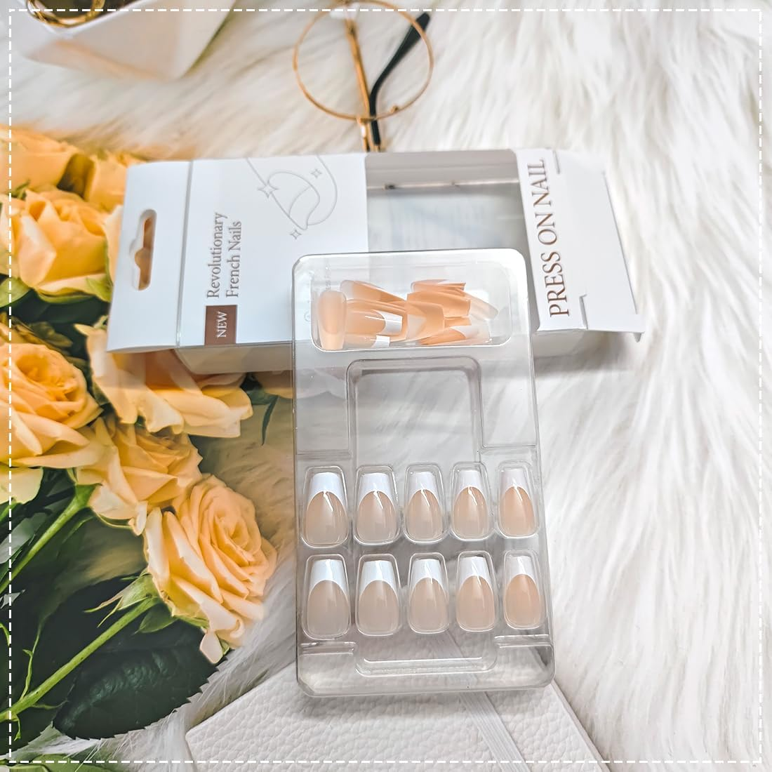 30 PCS White French Tip Press on Nails Nude False Nails Glossy Medium Fake Nails Full Cover Stick on Nails for Women and Girls Daily Wear image number 1