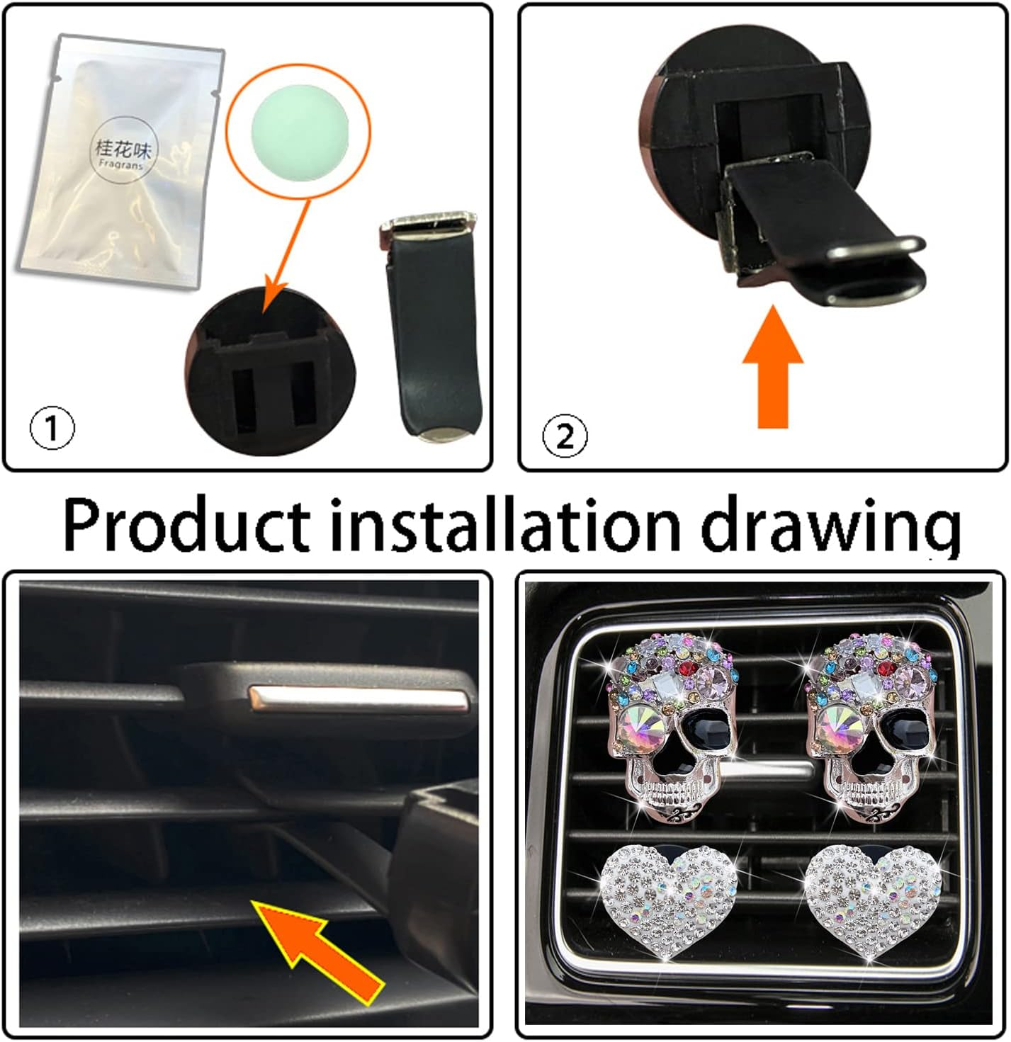 Bling Skull & Heart Air Vent Clips, 4 Pcs Crystal Skull Car Air Fresheners Vent Clips Car Diffuser Vent Clip Rhinestone Diamond Car Decoration Car Interior Decor Bling Car Accessories for Women image number 5