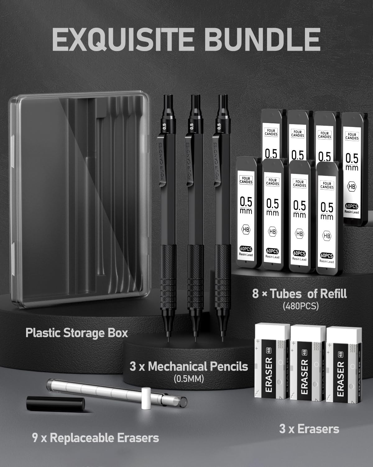 Four Candies 0.5Mm Mechanical Pencil Set with Case, 3PCS Metal Artist Lead Pencil with 8 Tubes (480PCS) HB Lead Refills, 3 Erasers, 9 Eraser Refills for Engineer Art Writing Drawing Drafting, Black image number 6