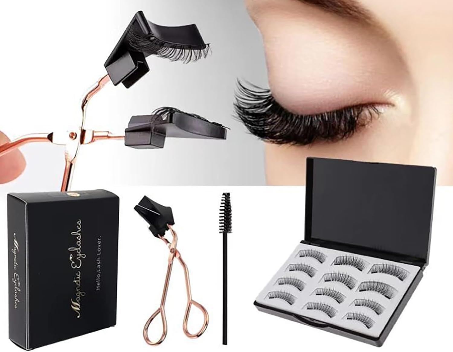 Magnetic Eyelashes, Joyeee Dual Magnetic False Eyelashes Fake Eye Lashes Black Curly Wispy Thick Fluffy Reusable with Applicator No Need Glue 3D Look Eye Makeup for Girls Teen Women Starter Gift Kit image number 1