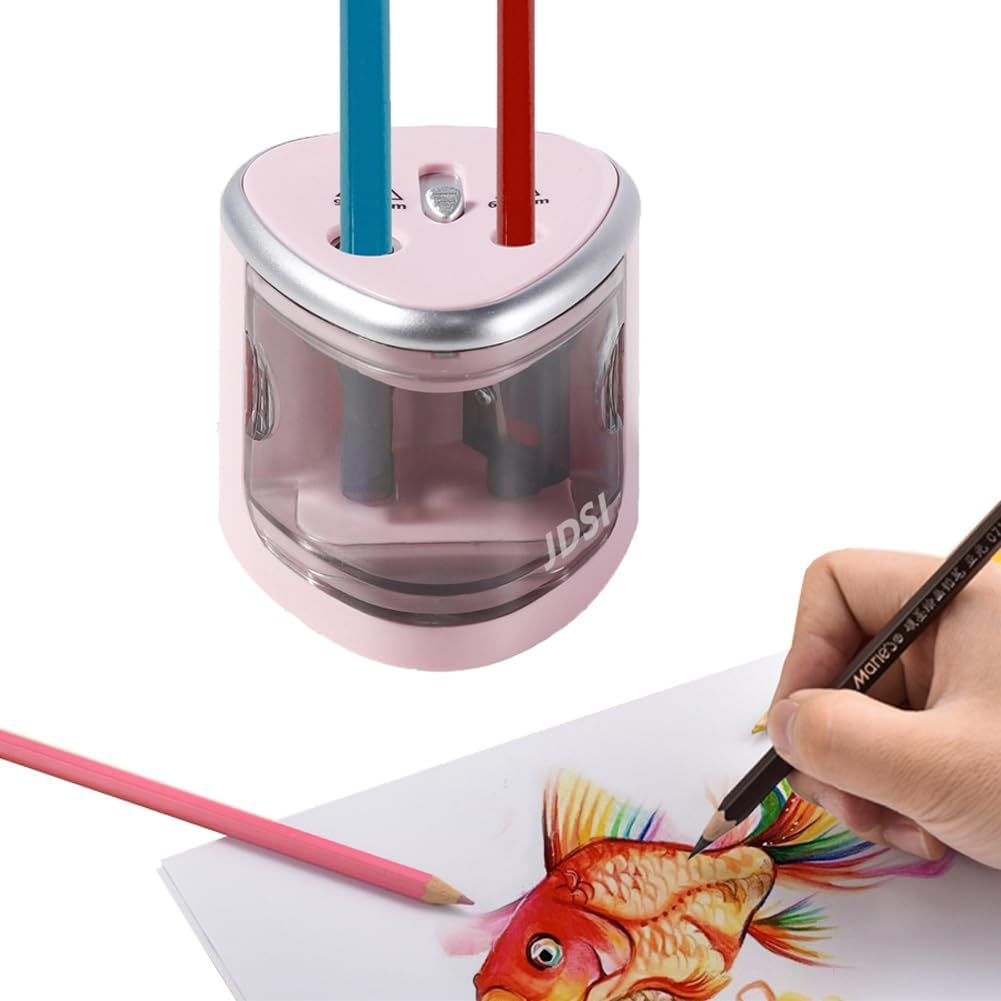 Two-Hole Electric Pencil Sharpener, Steel Blade, Battery-Powered Pencil Sharpener for Size 2 and 6-12Mm Pencils, Suitable for Home Office, School, Classroom (Pink)