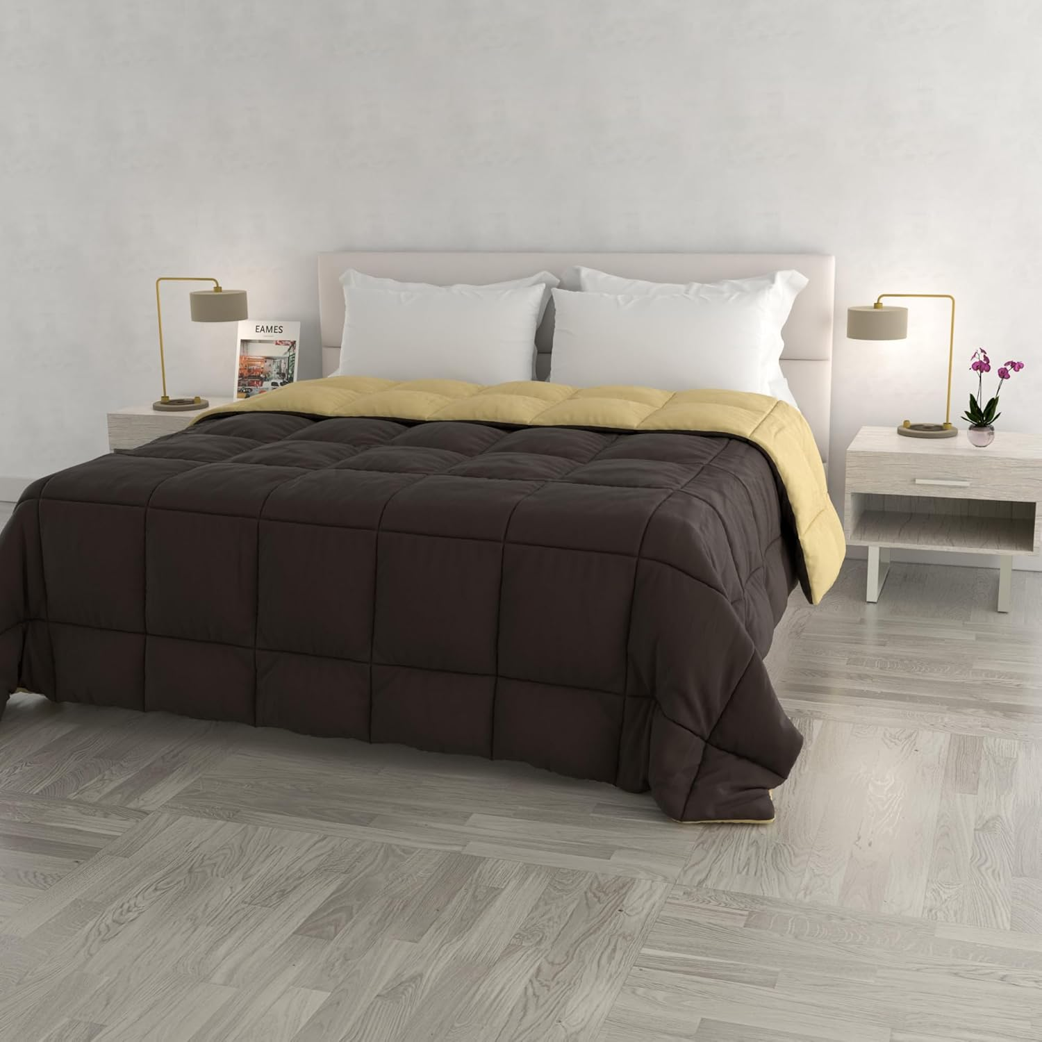 Italian Bed Linen Winter Quilt Elegant,260 X 260 Cm,Brown/Cream