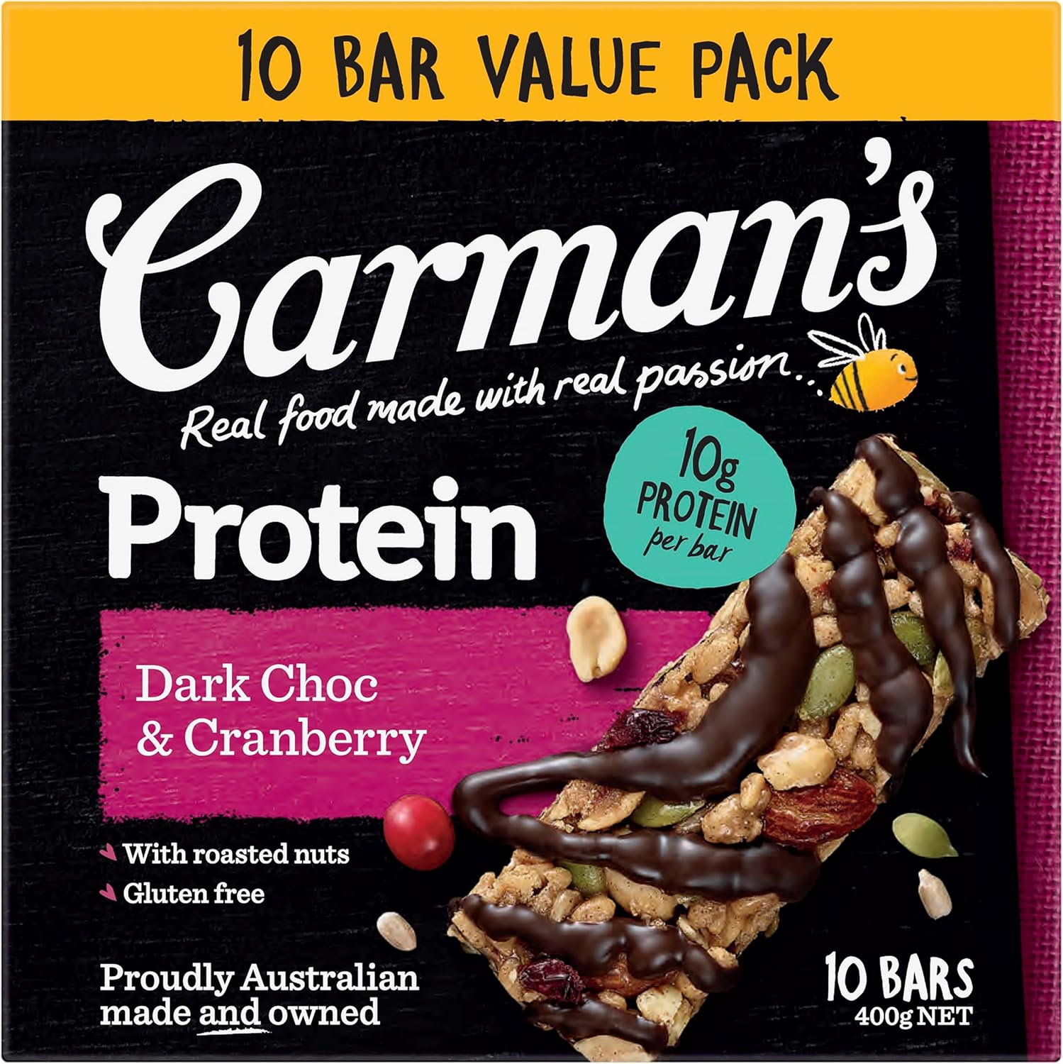 Carman'S Dark Choc & Cranberry Protein Bar Value Pack 10X40G image number 4