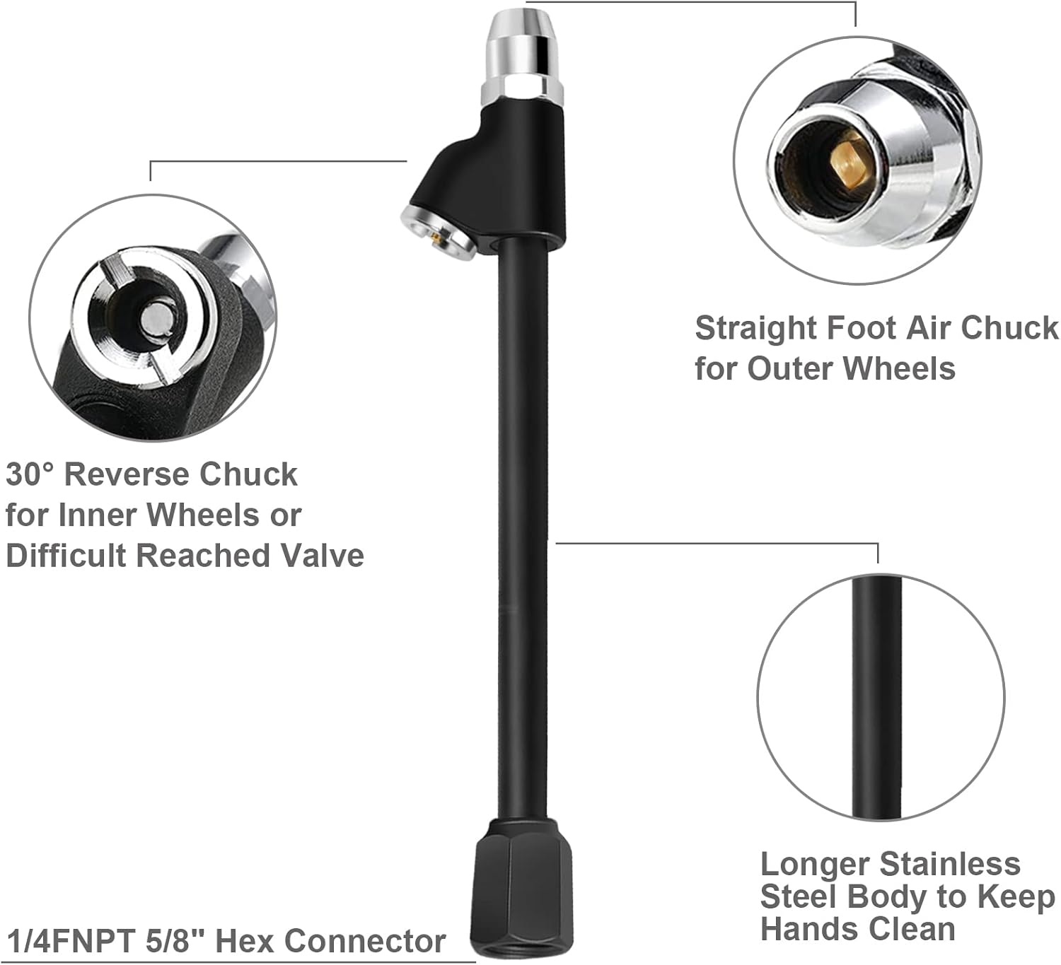 GODESON Air Chuck,1/4" FNPT Extended Reach Dual Head Chuck Set with Quick Plug,2-Way Connect Tire Chucks for Bikes,Motorcycle,Car,And Etc,Tire Air Chuck for Tire Inflator Gauge or Air Compressor image number 2