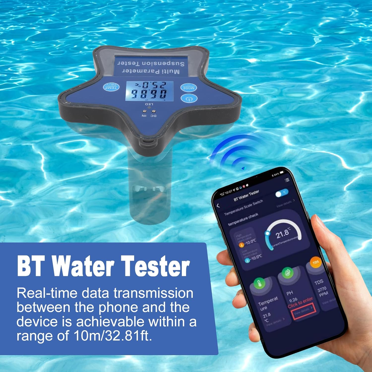 Water Quality Monitor, Detects PH, ORP, CL, EC, CF, TDS, Salt, S.G and Temperature, Bluetooth Nine in One Digital Water Tester for Aquaculture, Pool, Industrial Wastewater image number 4