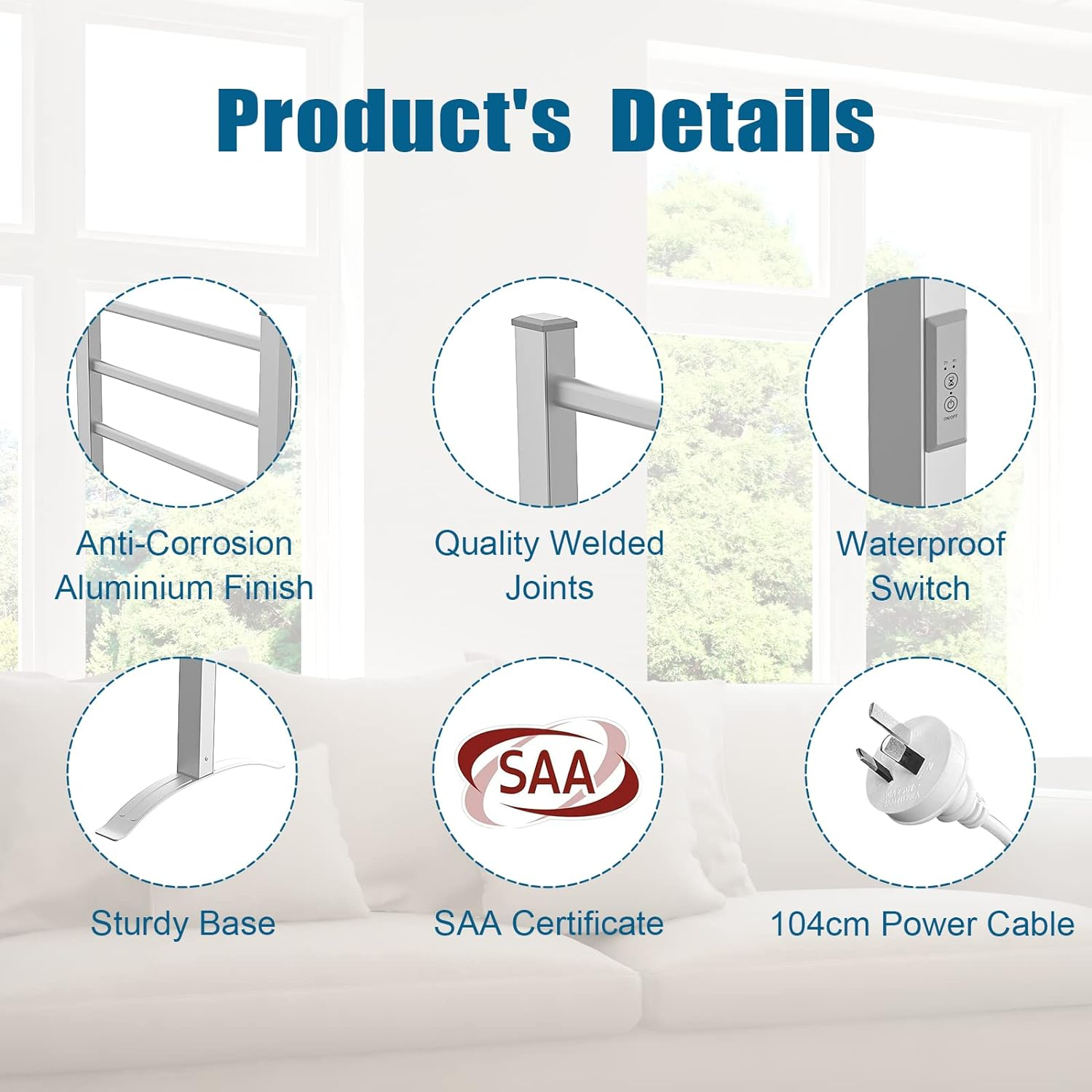 Electric Towel Warmer Rack 6-Bar Standing Heated Rail with Timer Electric Free-Standing Towel Rack 53.5L*35W*90H Cm image number 3