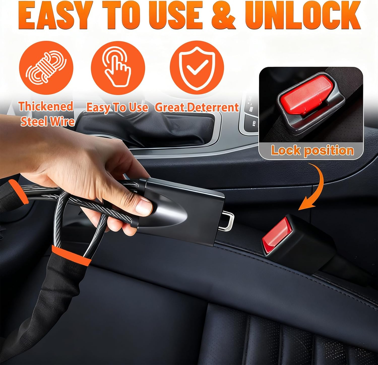 Car Steering Wheel Lock & Seat Belt Lock - Max 17&rdquo; Length, Universal Anti-Theft for Cars, Suvs, Golf Carts | Compact, Lightweight & Multi-Functional Security Device with 3 Keys (Black) - Black image number 5