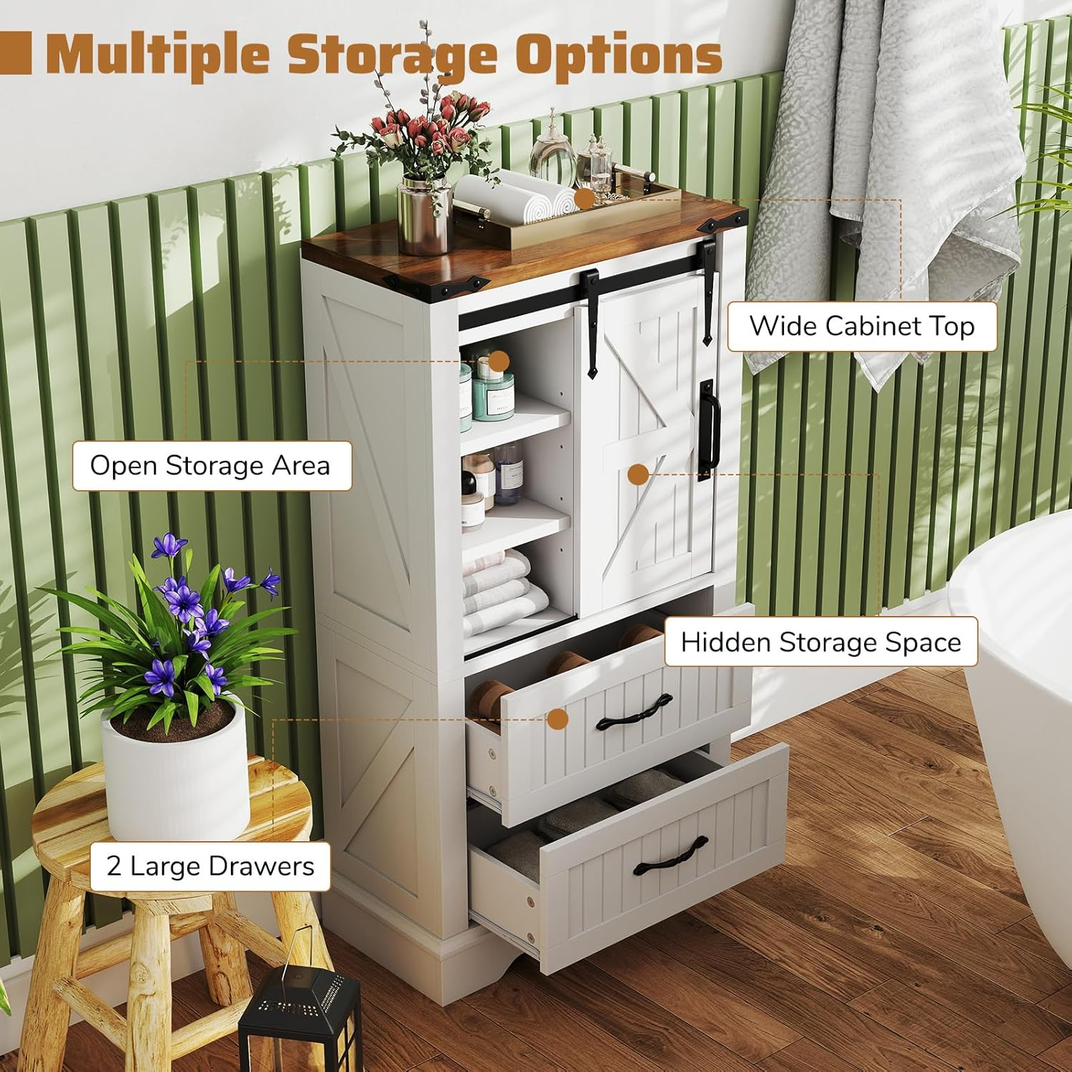 Giantex Farmhouse Bathroom Floor Cabinet, Freestanding Storage Cabinet with Sliding Barn Door, Adjustable Shelves & 2 Storage Drawers, Wooden Storage Organizer image number 2