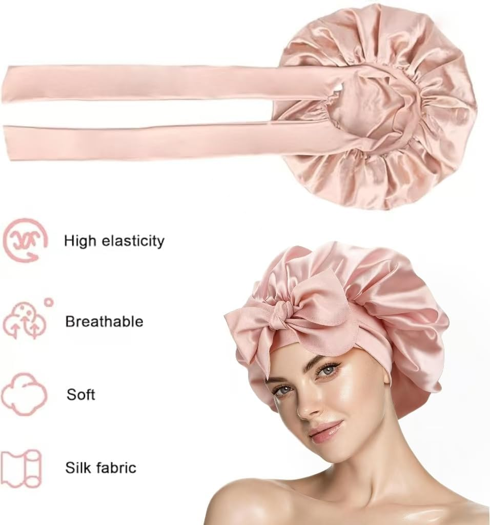 Double Layer Satin Sleeping Bonnet for Women with Wide Bow Tie Band, Extra Large Silk for Curly Natural Hair, Breathable Hair Bonnet for Night Shower Cap Blush Pink image number 3