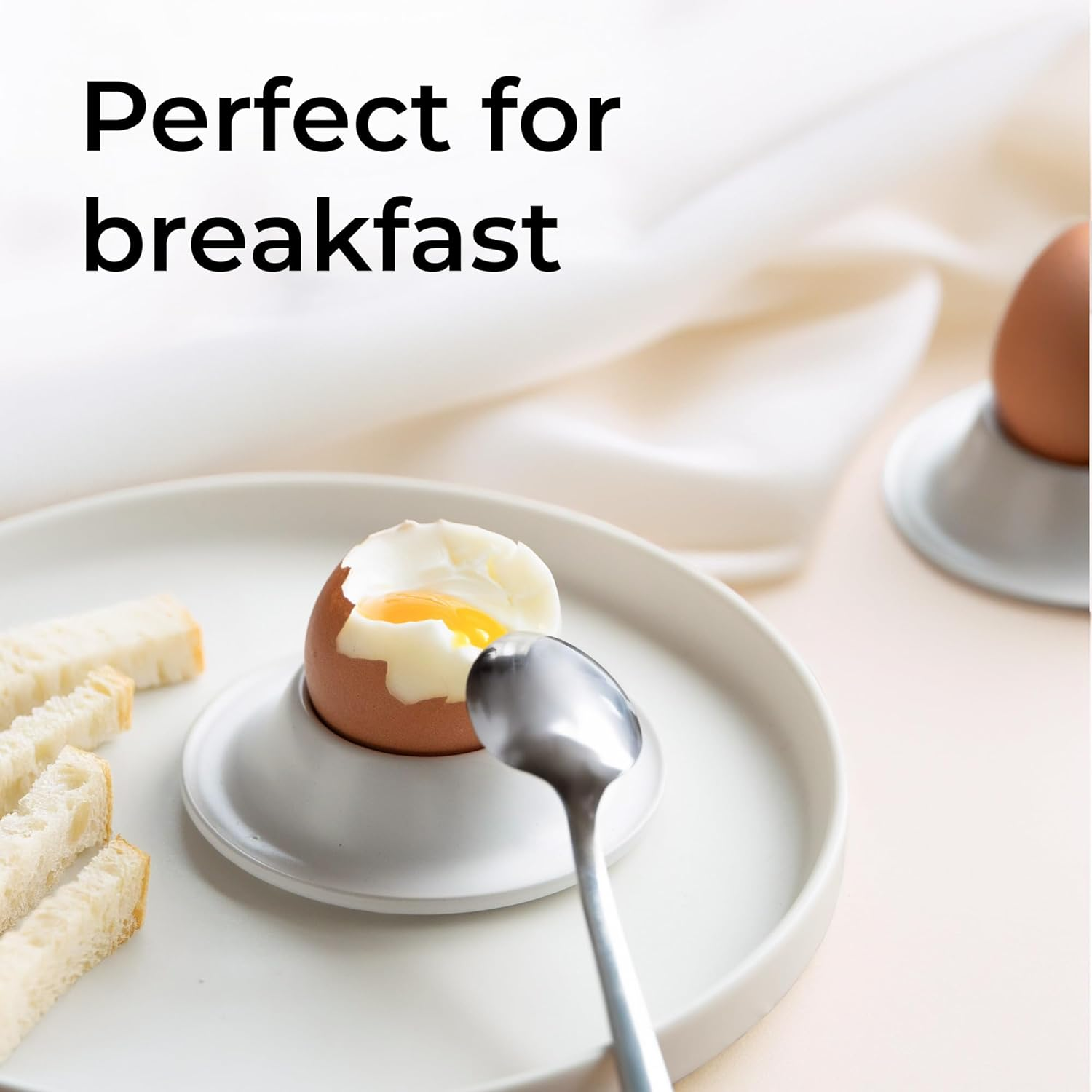 MIAMIO &ndash; Egg Cups 4-Piece Ceramic Set, Stoneware Egg Cups with Tray for Eggshells, Breakfast Egg Cup in Restaurant Quality &ndash; Dishwasher Safe (White) - Black image number 6