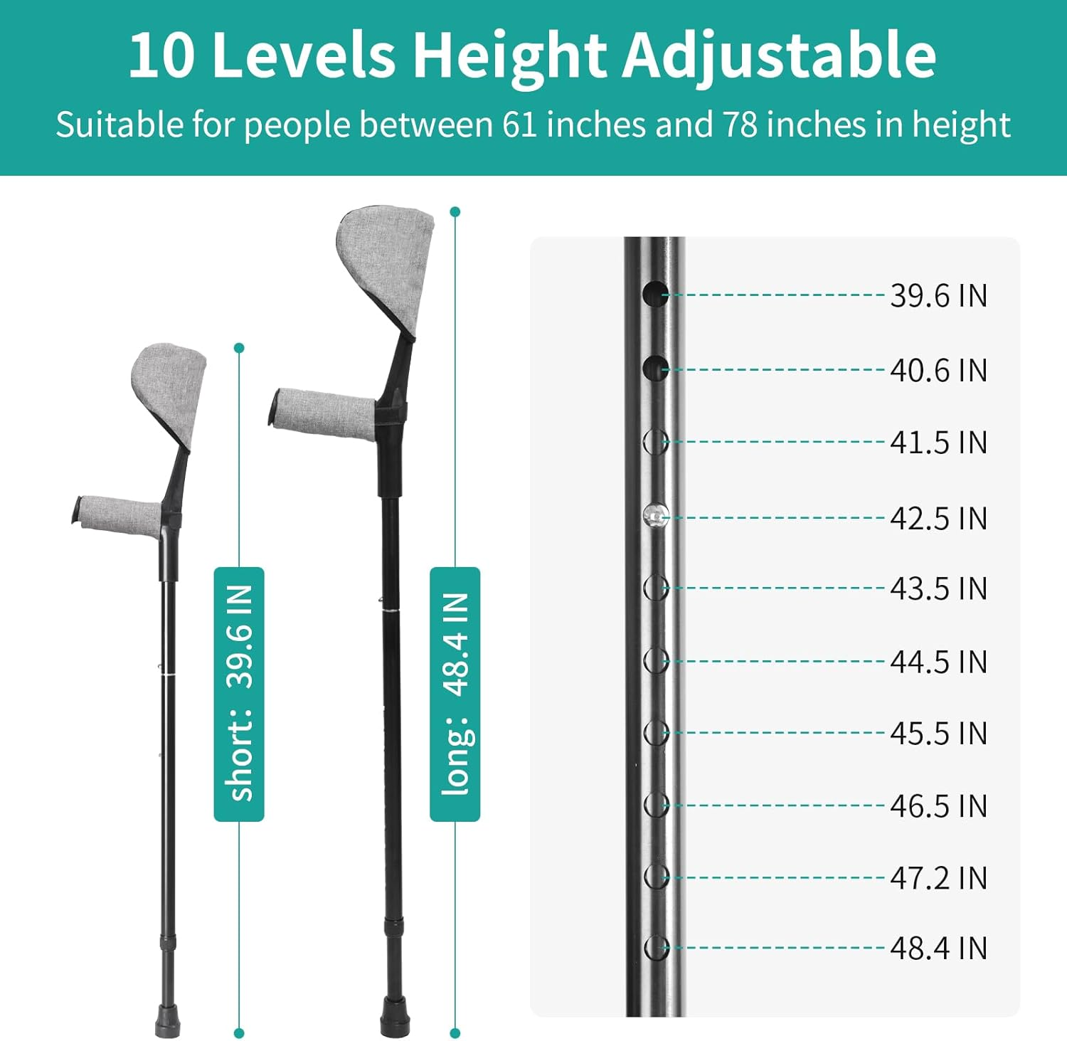 Forearm Crutches for Adults(1 Pair)， Adjustable Adult Crutches with Cuffs, Elbow Cushion, Grip Cushion，Aluminum Lightweight Arm Crutches Forearm for Adults，Foldable Crutch for Walking (Grey) image number 1