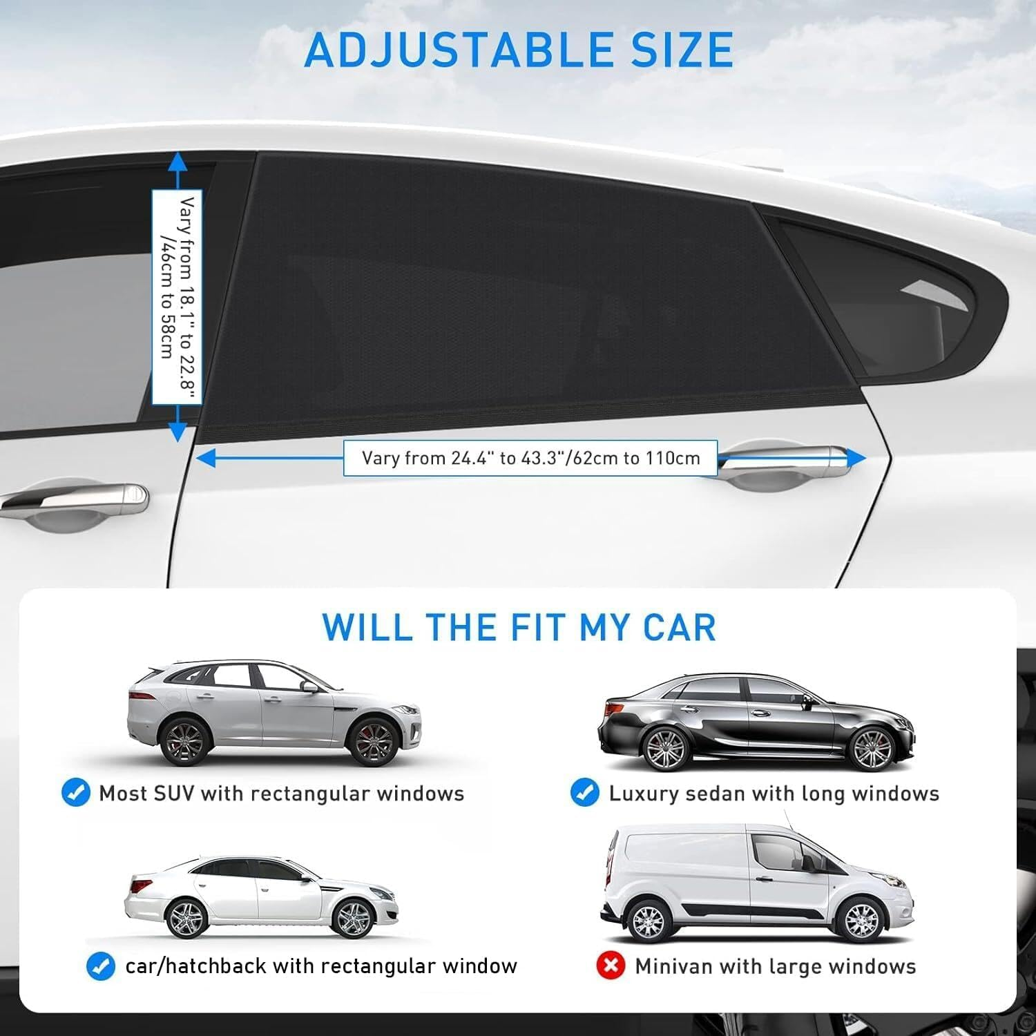 Kuskins 2 Pack Sun Shade for Car，Car Window Shades for Baby - UV Protection Sun Shade Side Window Curtains, Blackout Mesh for Heat & UV Block (Universal Fit 60-110Cm) - Compatible with Most Cars image number 3