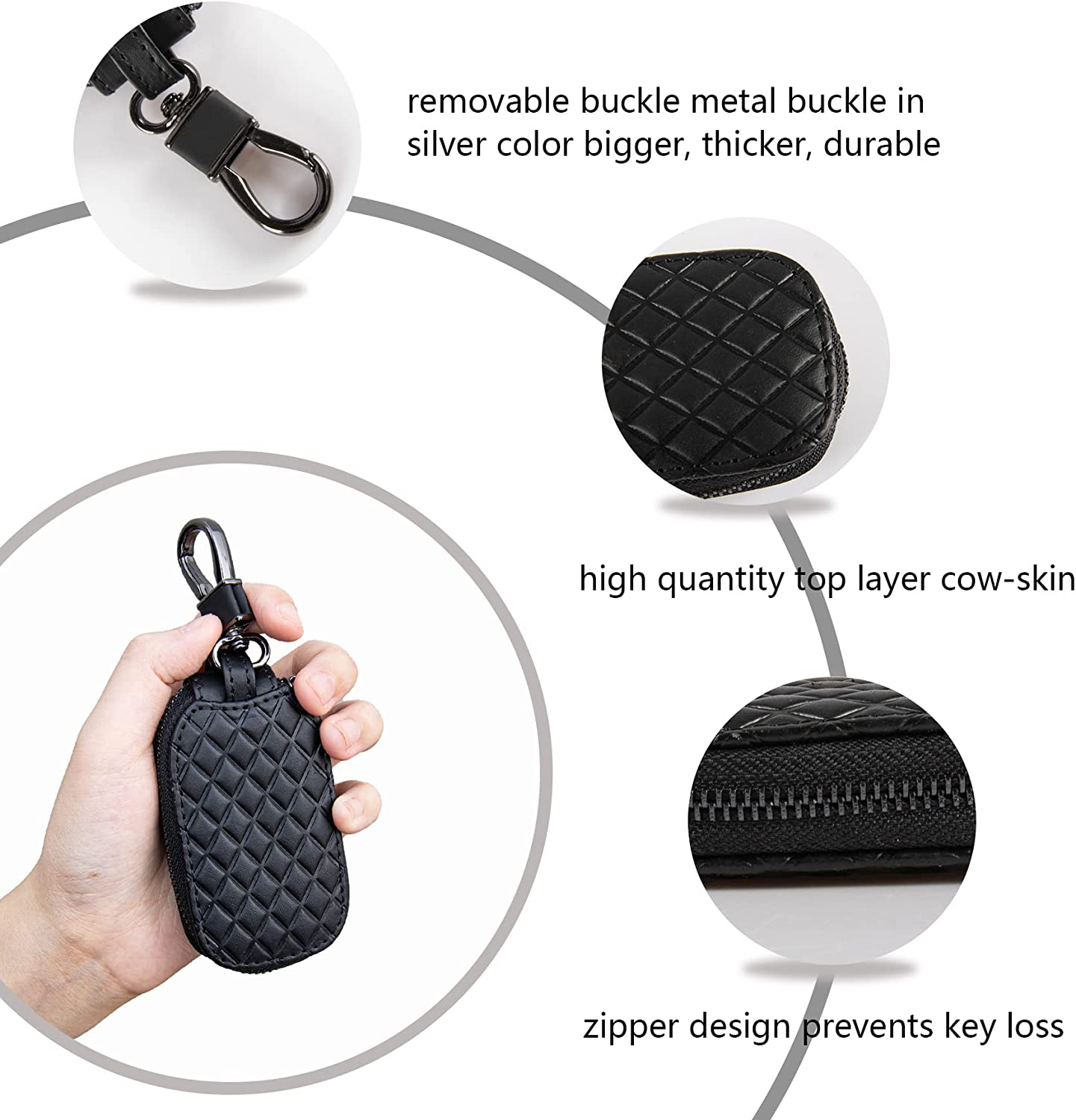 Amiss Universal Key Fob Cover Case, Genuine Leather Car Smart Key Protector with Metal Hook, Keyring Zipper Bag for Remote - Black Plaid image number 3