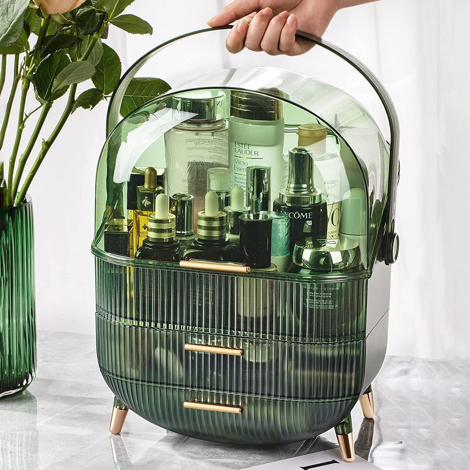 Makeup Organiser Storage Box, Cosmetics Display Case with Cover, Dust Proof Waterproof Cosmetics Storage Box Suitable for Bathroom Countertop and Bedroom Vanity Dresser (Retro Green) image number 1