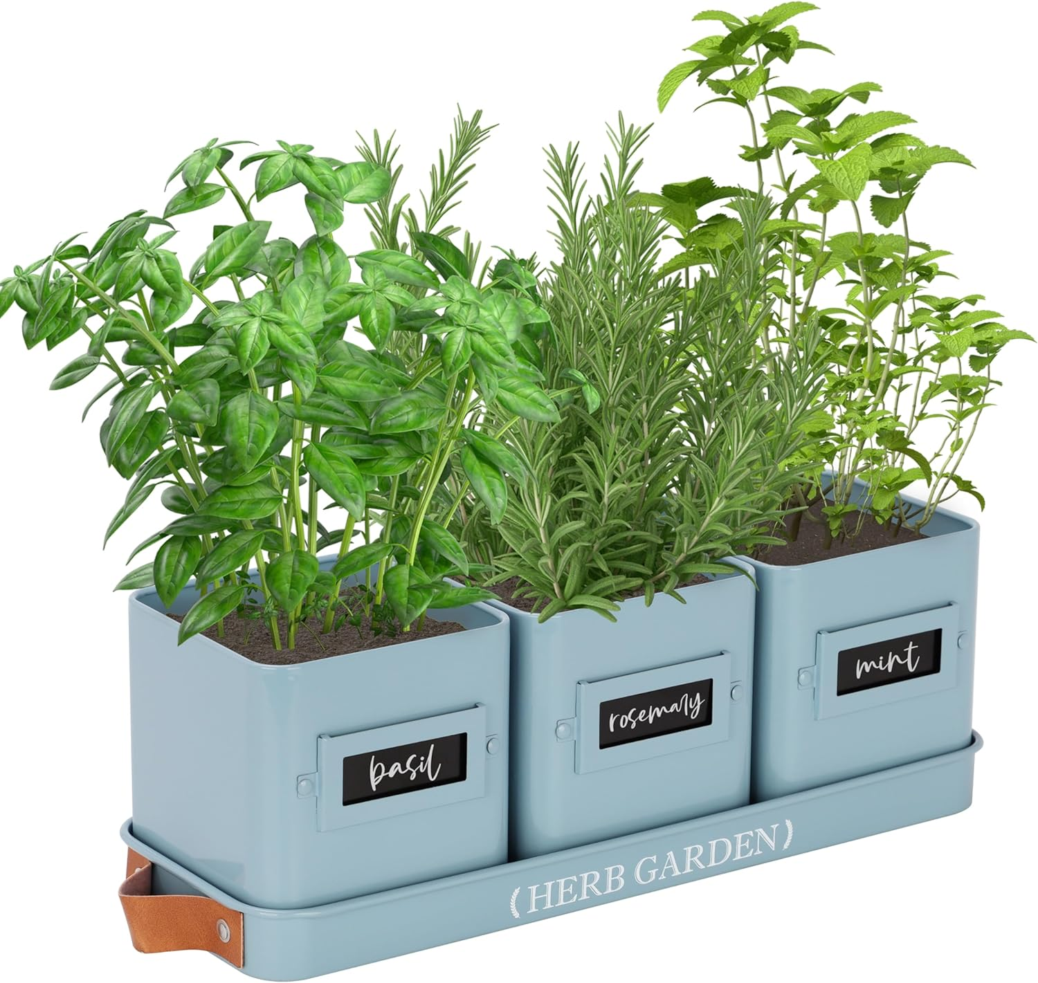PERFNIQUE Indoor/Outdoor Herb Garden Planter Set, Farmhouse Style, White, 4.4" W X 4.7" H, 14.2" L X 4.9" W X 1.2" H Tray, Windowsill Herb Garden, Drainage System