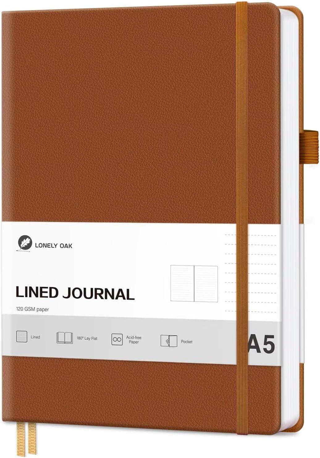 Lonely Oak Lined Journal Notebook, A5 Hardcover Lined Notebook for Women & Men, 120GSM Acid-Free Paper with Leather Hardcover and Inner Pocket, Daily Diary Journal for Work(Brown) image number 4