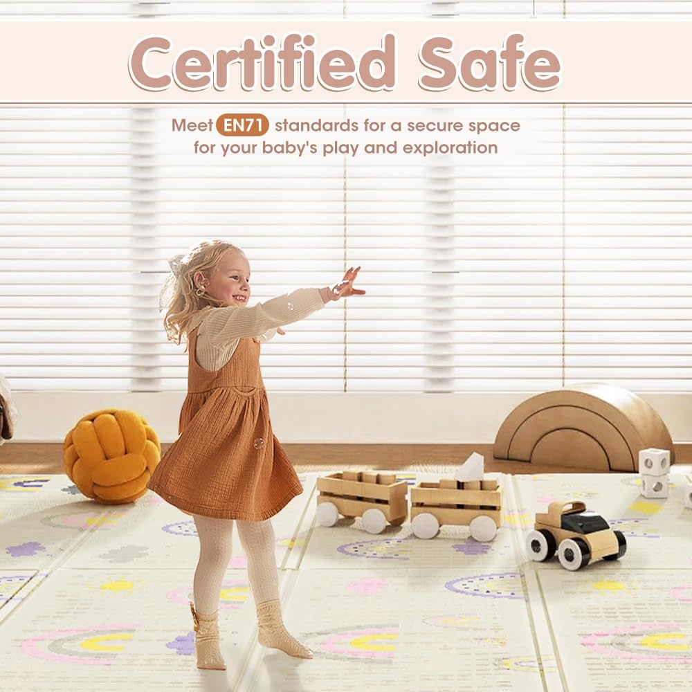 Playpals 200&times;180CM Foldable Baby Play Mat, Double-Sided Waterproof Playmat for Babies, Toddlers & Infants, Reversible Baby Mat with Travel Bag, Indoor and Outdoor Use, Rainbow+Tall Buildings - Rainbow Stripes image number 2