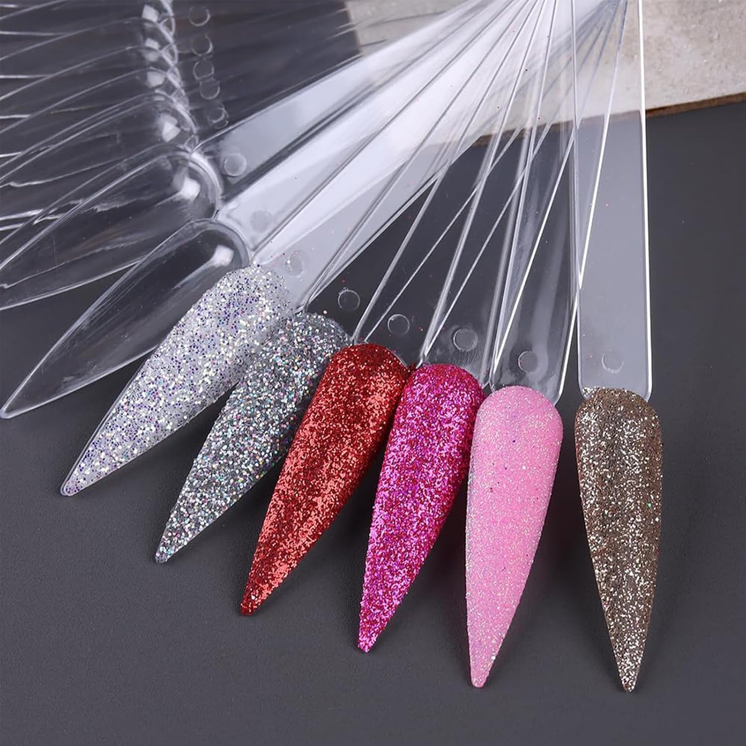 Kzvsiy 100 Pcs Clear Stiletto Nail Swatch Sticks with Rings, Transparent Pointed Nail Display Tips for Polish Color Samples, Manicure Practice Board for Salon & Home Use image number 5