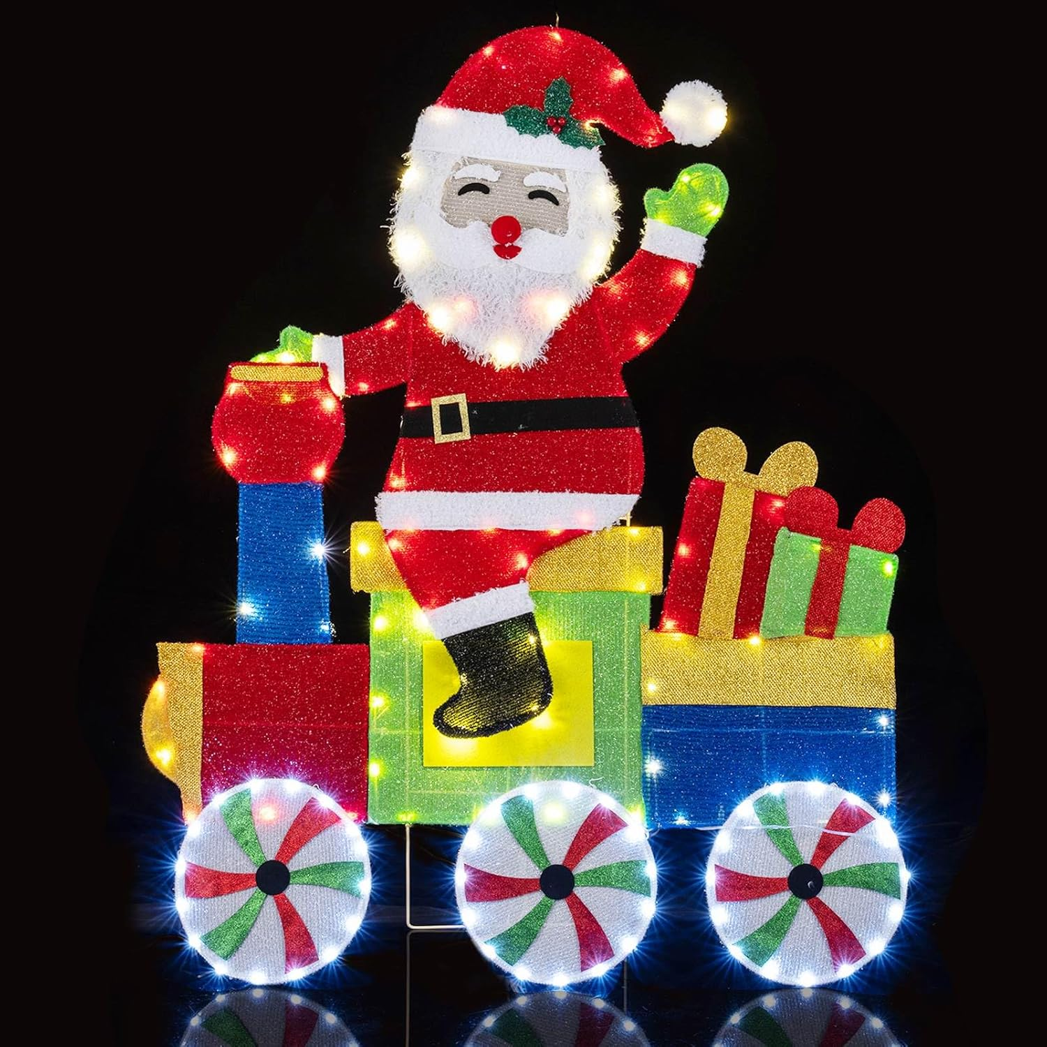 Costway Lighted Santa on Train Christmas Decoration, Indoor Outdoor 2D Santa Claus with LED Lights, Gift Boxes and Ground Stakes, Xmas Holiday Decoration for Home Lawn Yard Garden, Plug In image number 6