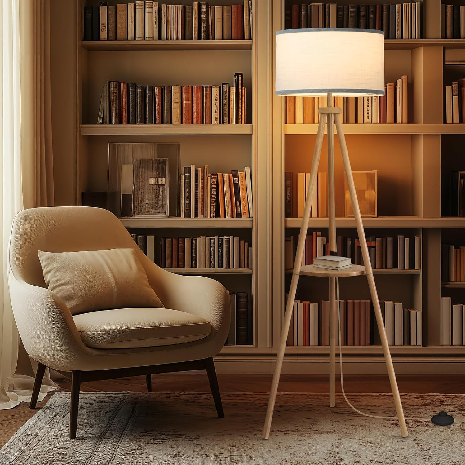 EOEYYOYB Floor Lamp with 3 Light Modes Adjustable&ndash; Wood Tripod Standing Lamp Modern LED Corner Light Lamp with Dimmable Brightness, Perfect for Living Room, Bedroom, and Office, Burlywood - Burlywood image number 3