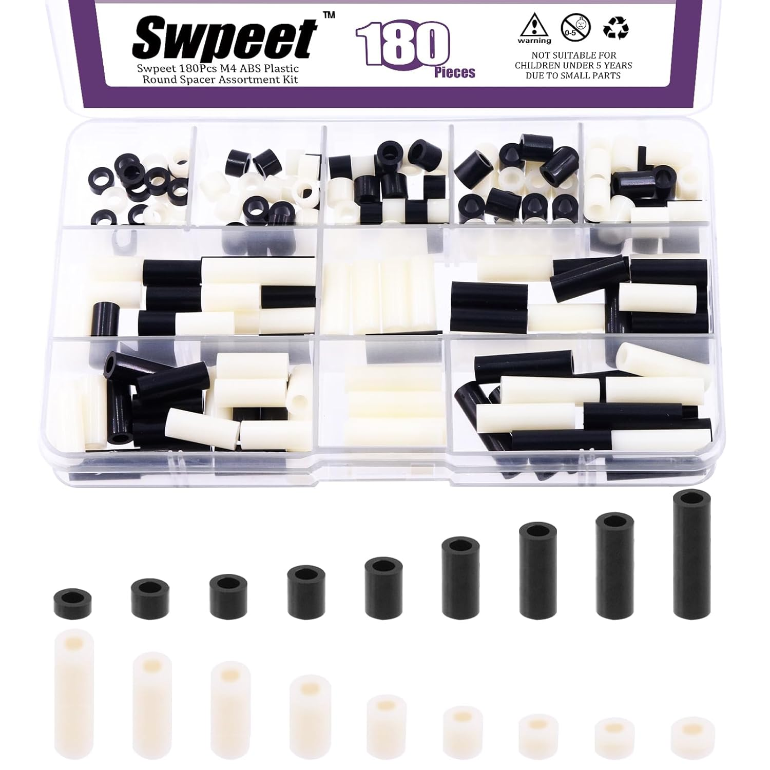 Swpeet 180Pcs Black White Nylon round Spacer Standoff Screw Nut Assortment Kit, Nylon ABS Plastic Standoff ID 4.2Mm OD 7Mm, Length 3Mm 5Mm 6Mm 8Mm 10Mm 12Mm 18Mm 20Mm 25Mm for M4 Screws Prototyping image number 2