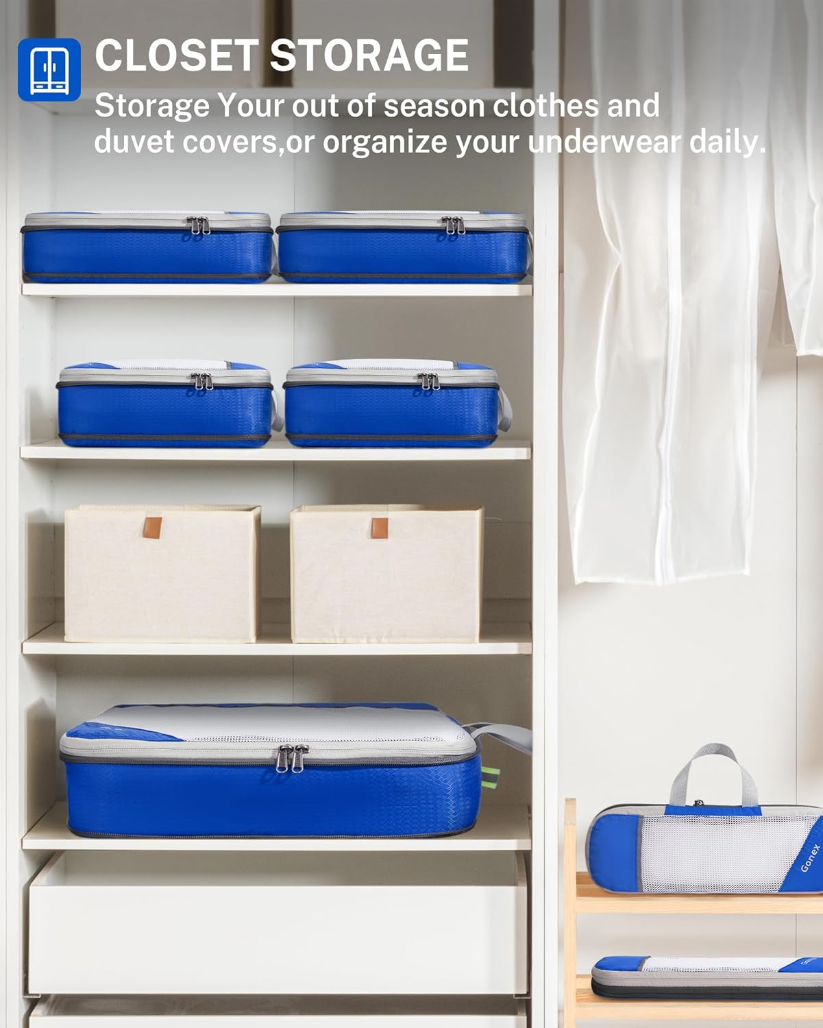 Gonex Compression Packing Cubes Mesh Organizers L+M+S+Xs+Slim+Laundry Bag Deep Blue image number 5