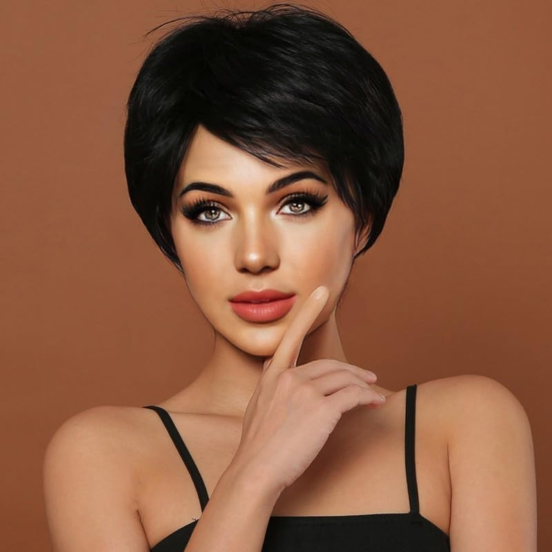 Women Human Hair Short Wig for Women Daily Wear Short Cut Wig with Bangs Natural Black (Black, One Size) image number 2