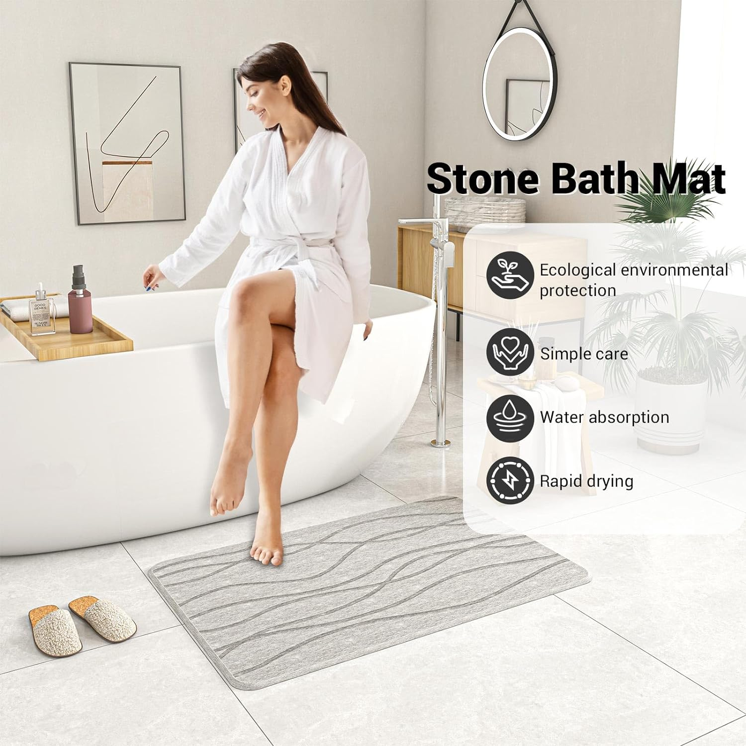DAWNTREES 2 Pack Stone Bath Mat, Diatomaceous Earth Shower Mat, Non-Slip Super Absorbent Quick Drying Bathroom Floor Mat, Natural, Easy to Clean image number 6