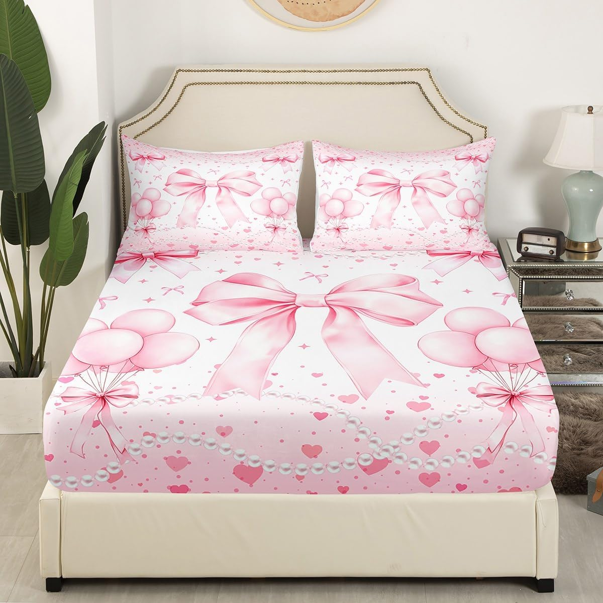 Bow Tie Kids Sheet Queen Size,Fairy Sweet Romantic Easy Wash Bedding Set,Kawaii Bow Tie Girly Kids Room Decor,White & Pink Sheet(Fitted+Flat+2 Pillowcases) image number 4