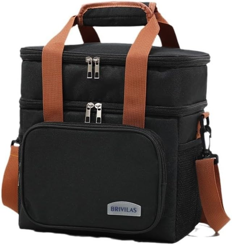 Insulated Lunch Box for Men & Women - Collapsible Cooler Bag Leakproof Double Deck, Large 12.5L Adult Lunch Bags for Work, Travel - Black Lunch Bag Cooler Lunch Box with Adjustable Strap